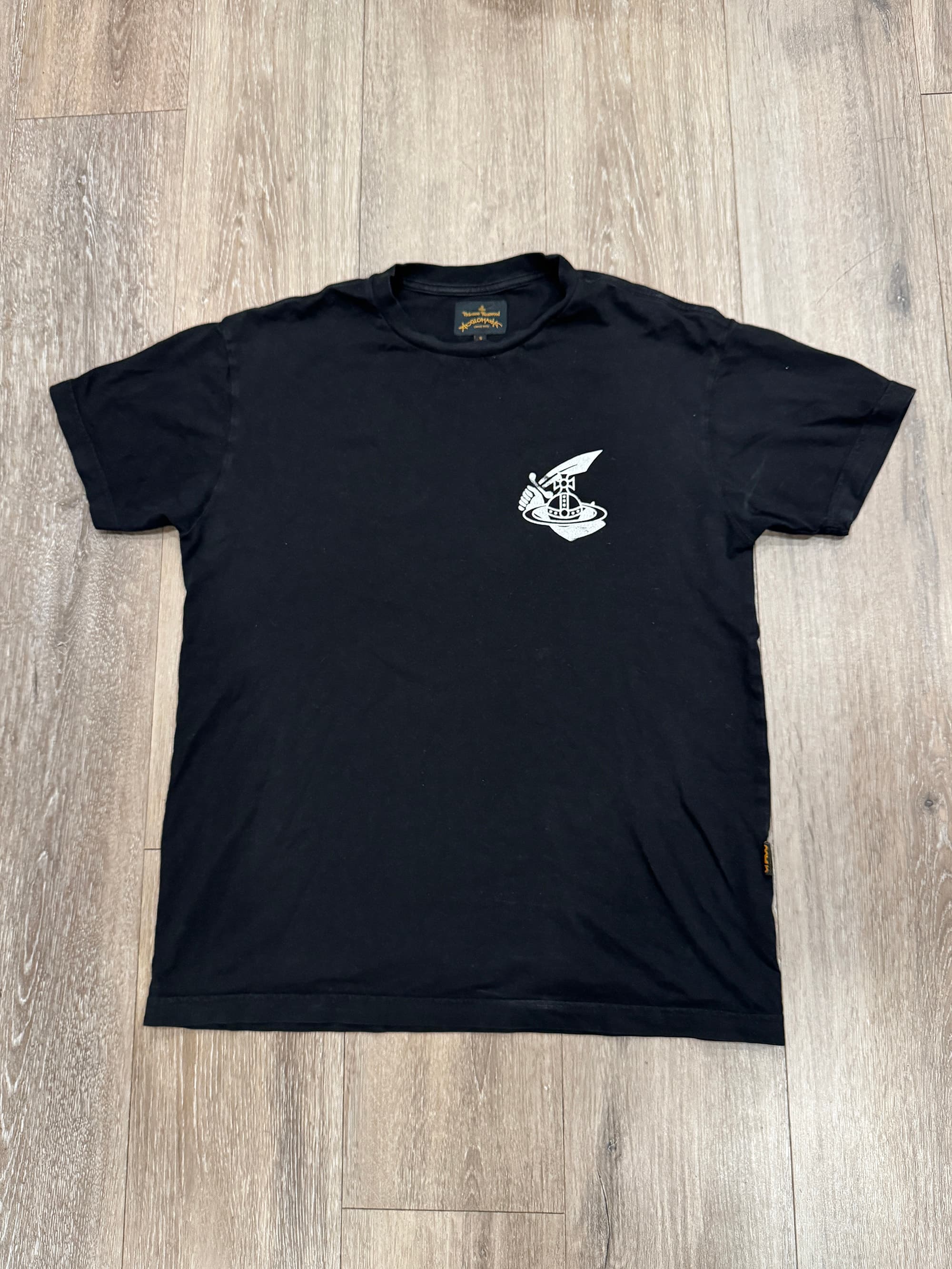 Vivienne Westwood Anglomania Black Boxy T-Shirt – Small White Arm & Cutlass Orb Logo