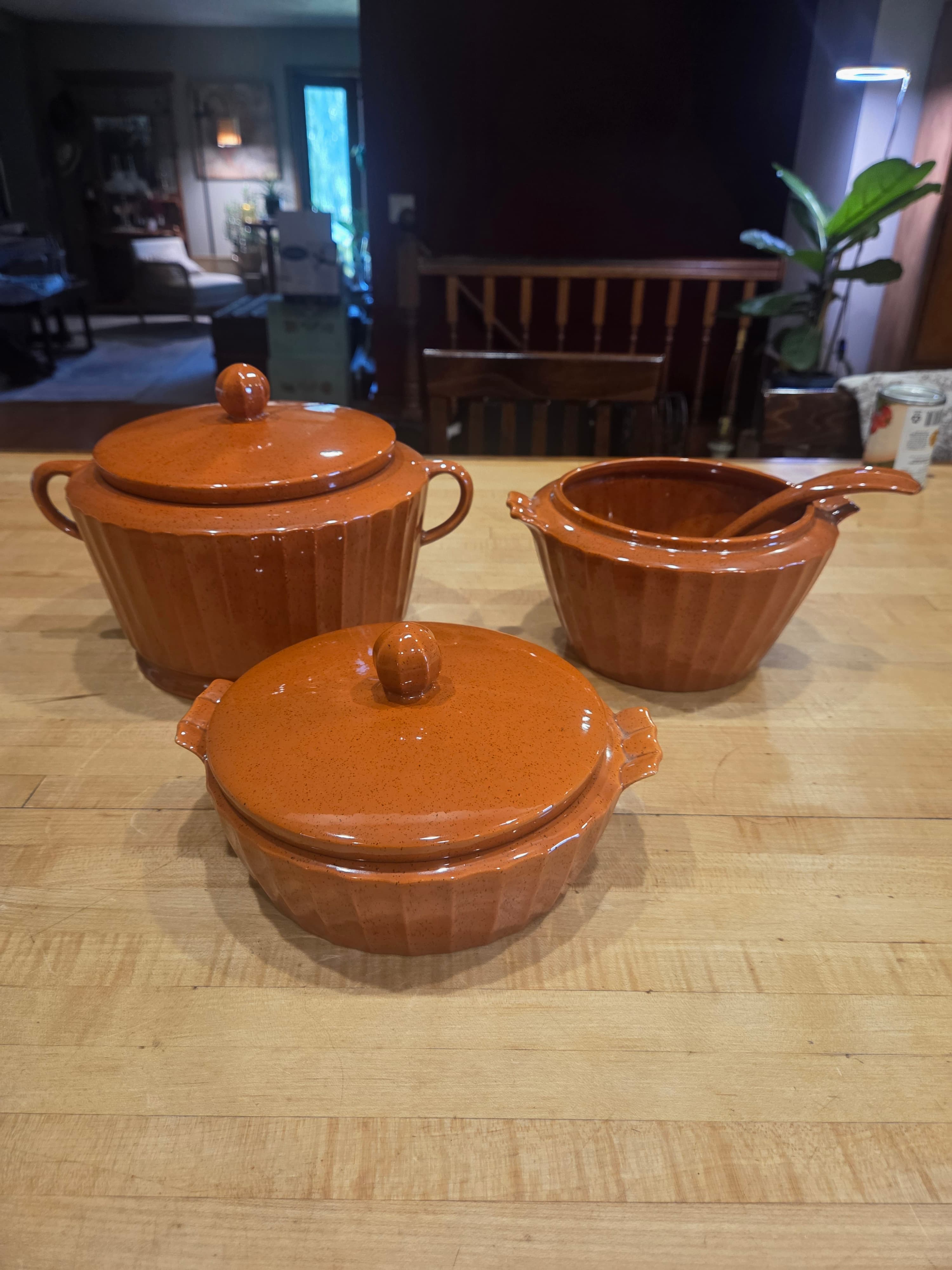 Vintage NS Gustin Los Angeles Pottery Speckled Brown Casserole Set of 6