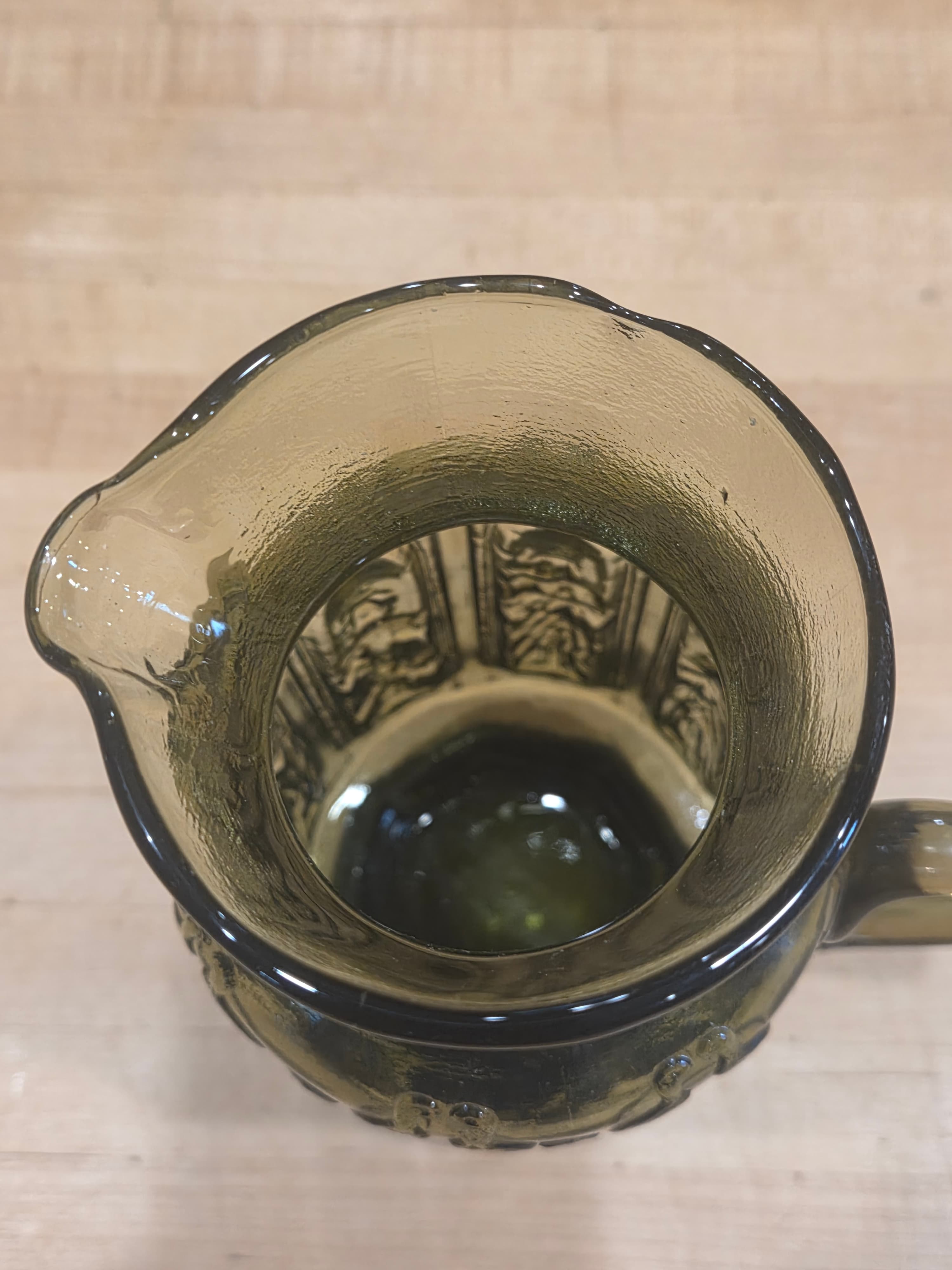 Vintage Olive Green Glass Cathedral Pitcher Madonna and Saints Gothic Arches - Thumbnail 4