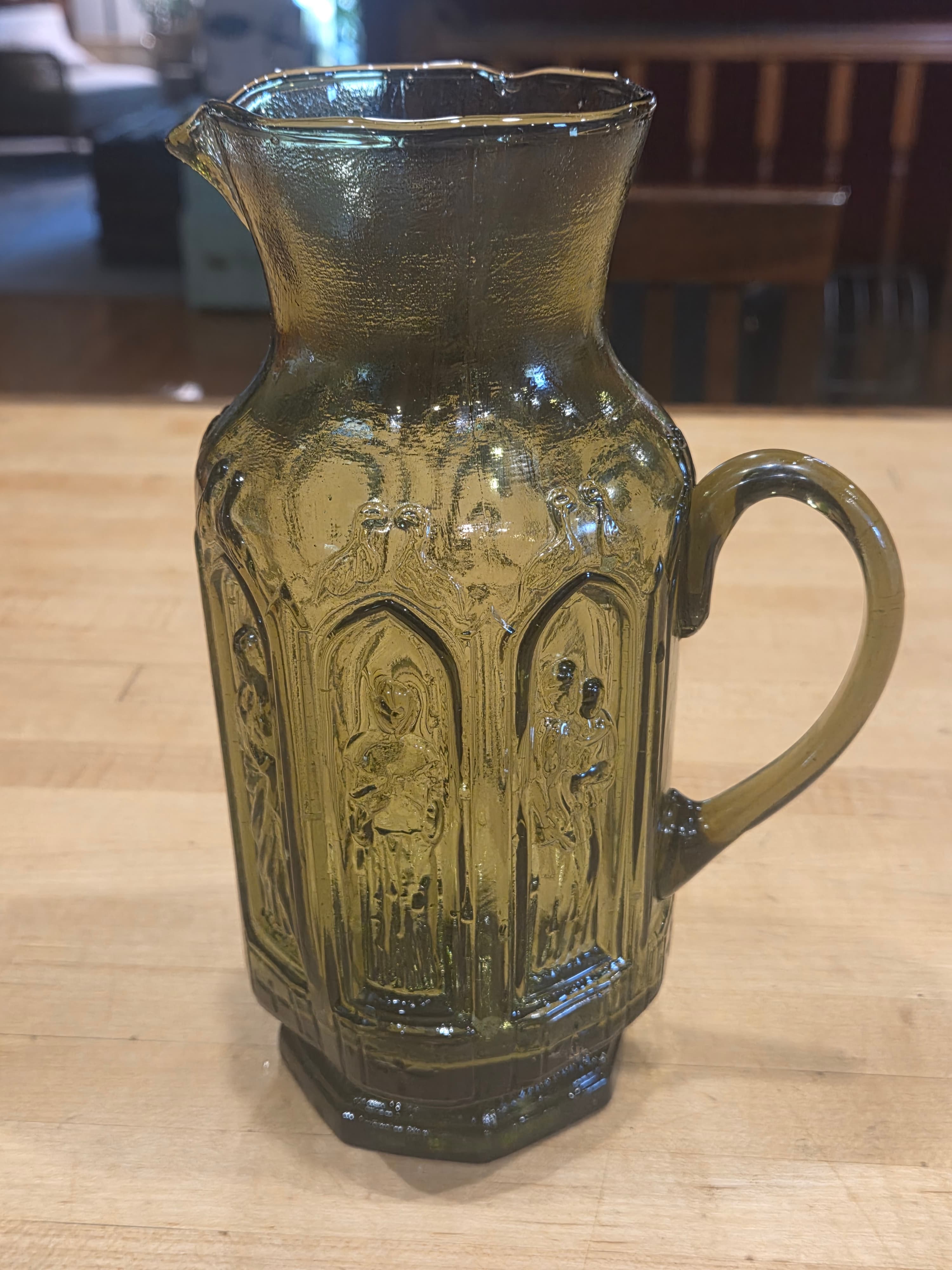 Vintage Olive Green Glass Cathedral Pitcher Madonna and Saints Gothic Arches