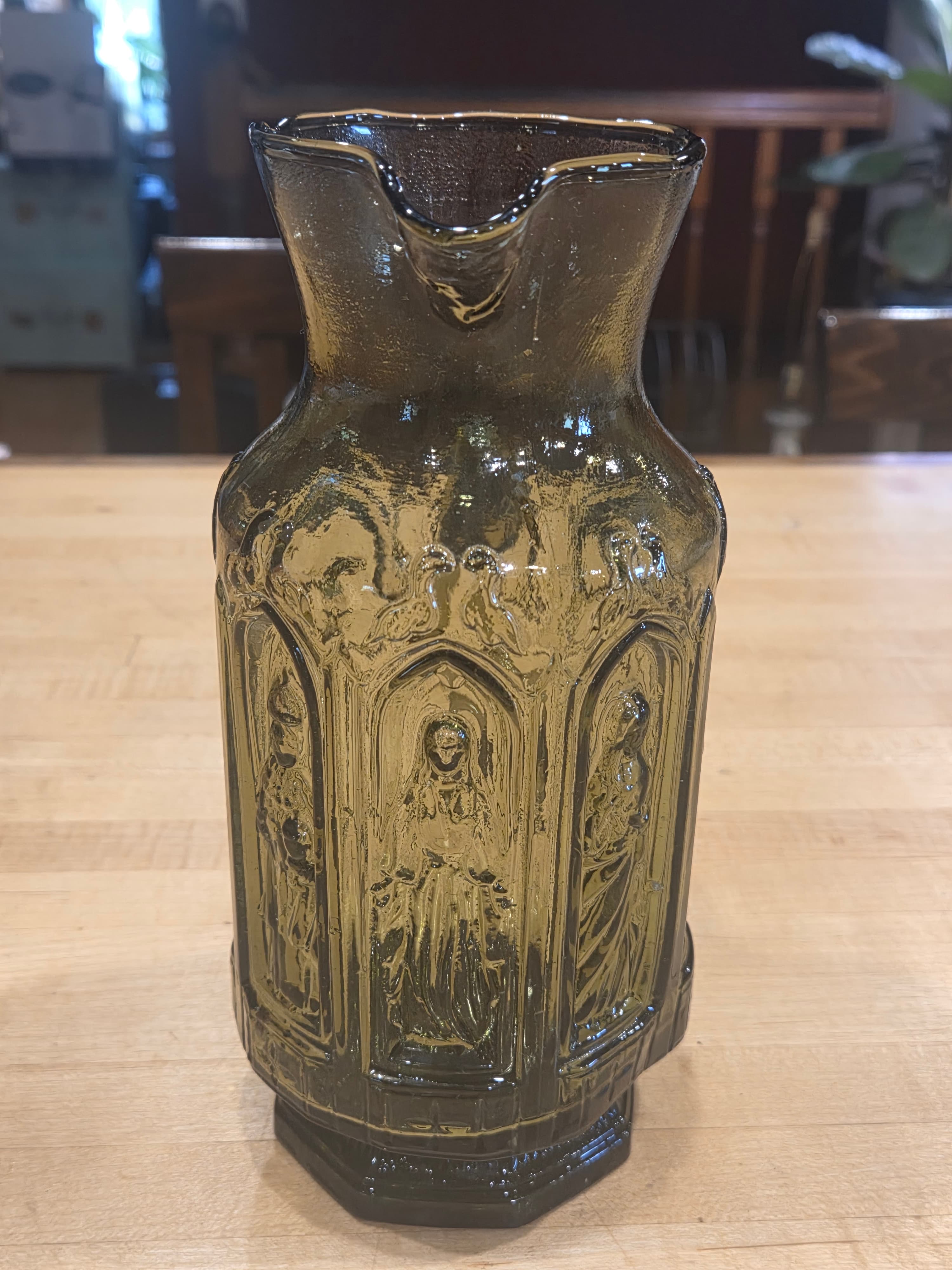 Vintage Olive Green Glass Cathedral Pitcher Madonna and Saints Gothic Arches - Thumbnail 3