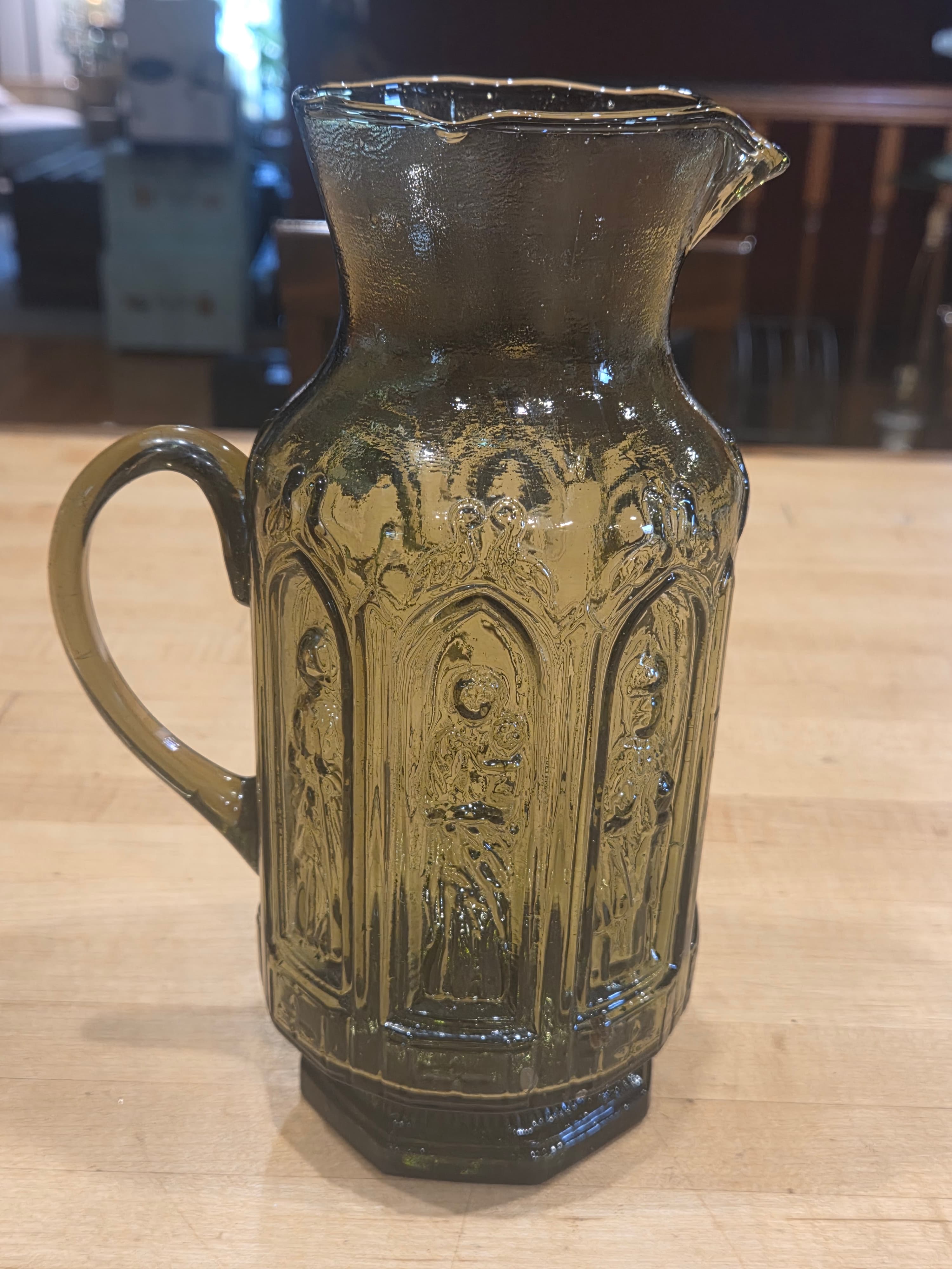 Vintage Olive Green Glass Cathedral Pitcher Madonna and Saints Gothic Arches - Thumbnail 2