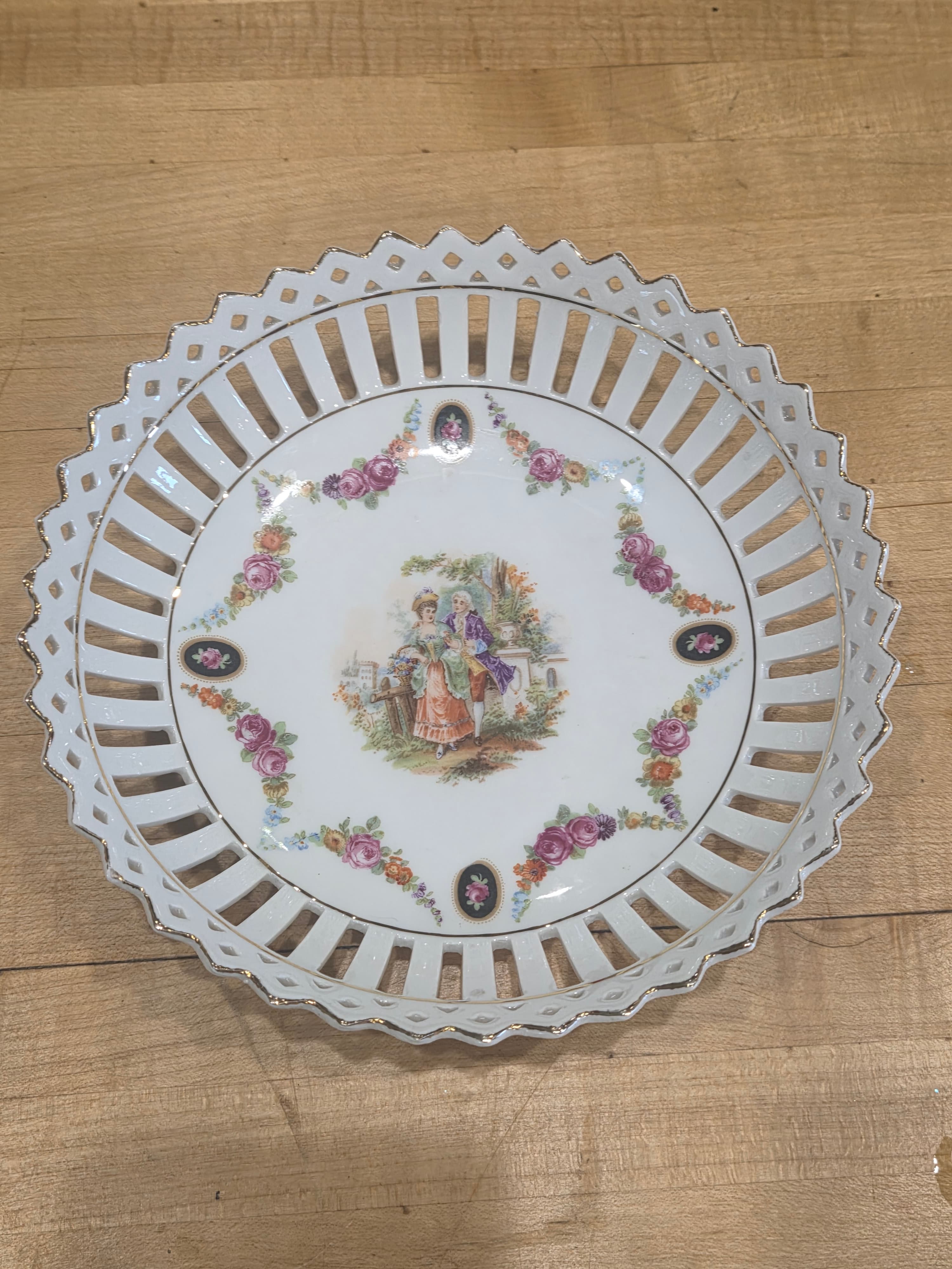 Vintage German Porcelain Reticulated Pierced Courting Couple Bowl Gold Trim