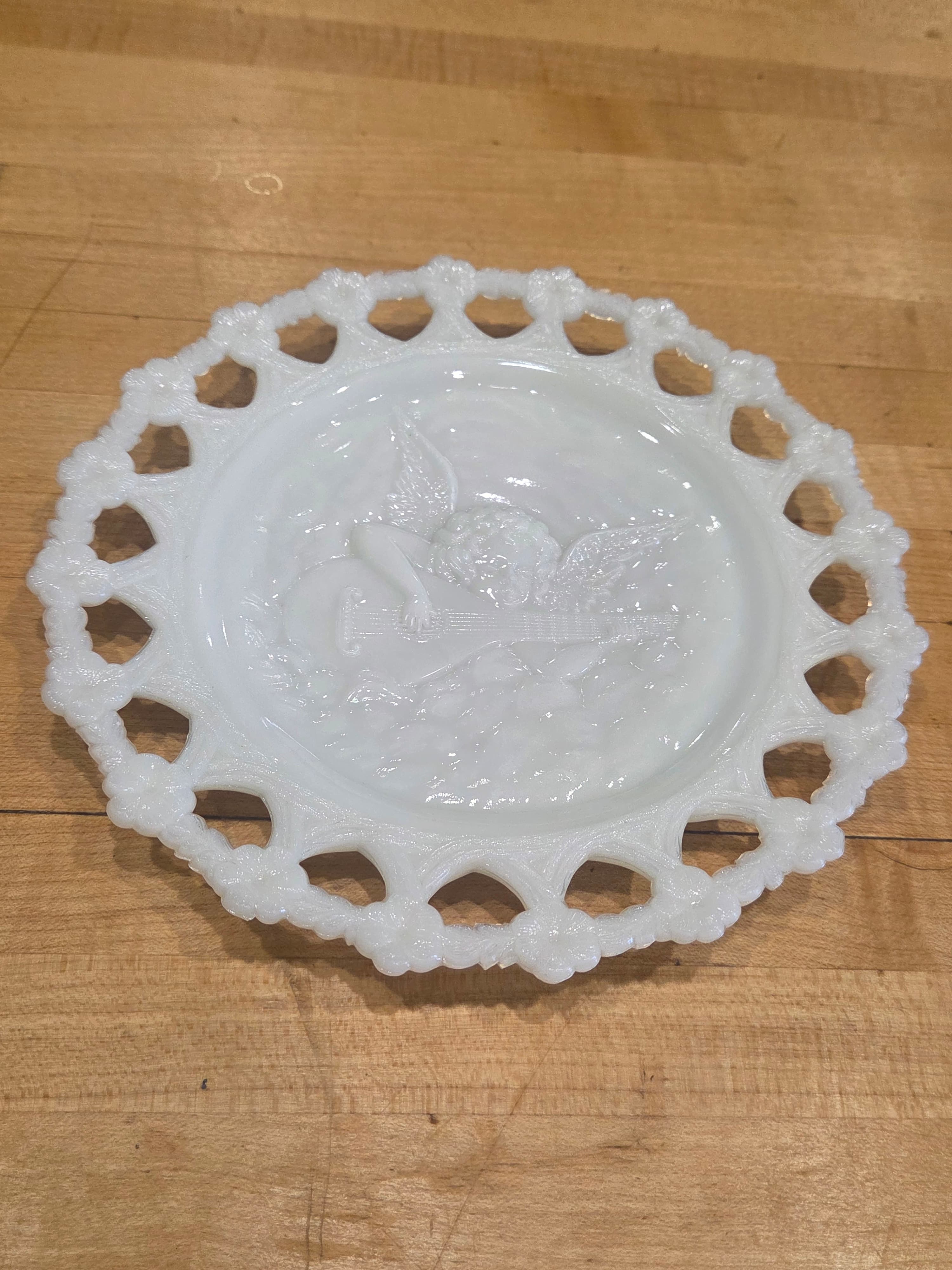 Vintage Westmoreland Milk Glass Cherub Angel Guitar Plate Heart Reticulated