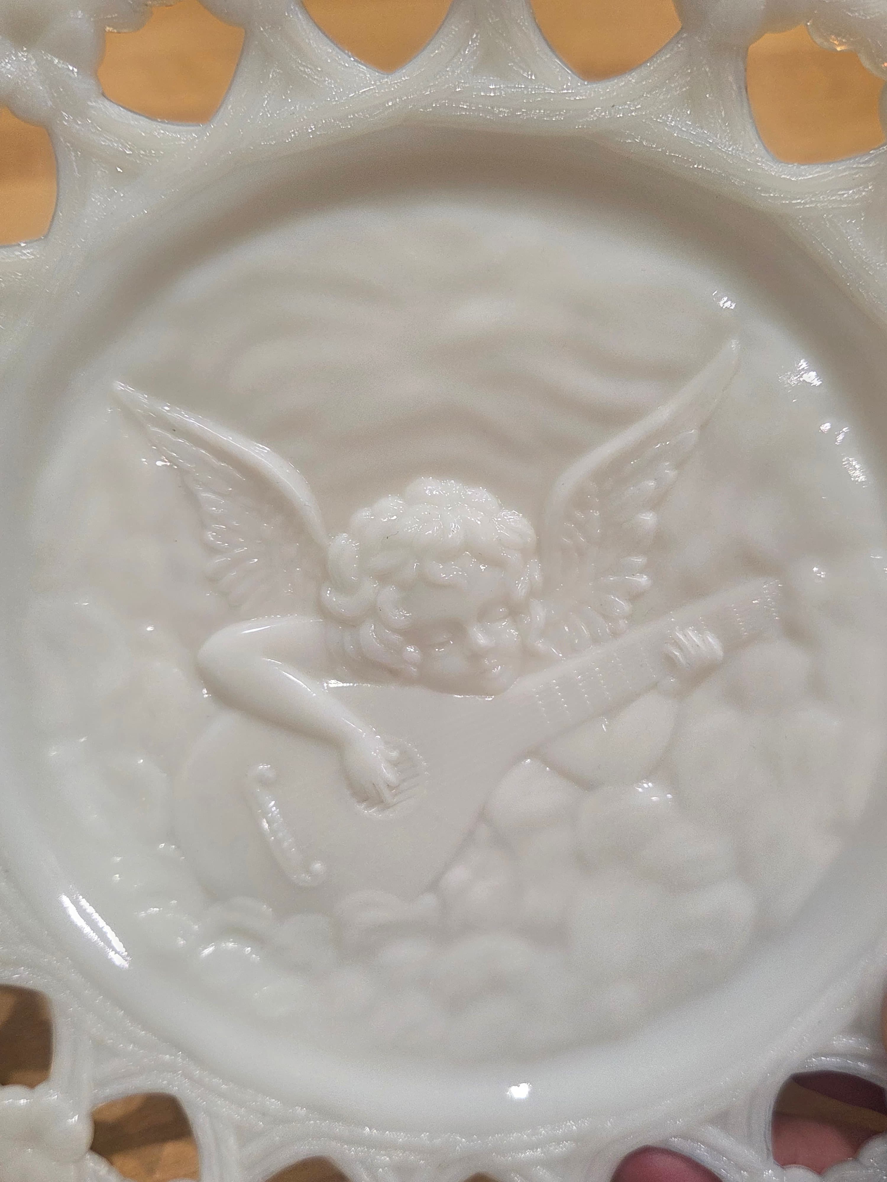 Vintage Westmoreland Milk Glass Cherub Angel Guitar Plate Heart Reticulated - Thumbnail 2