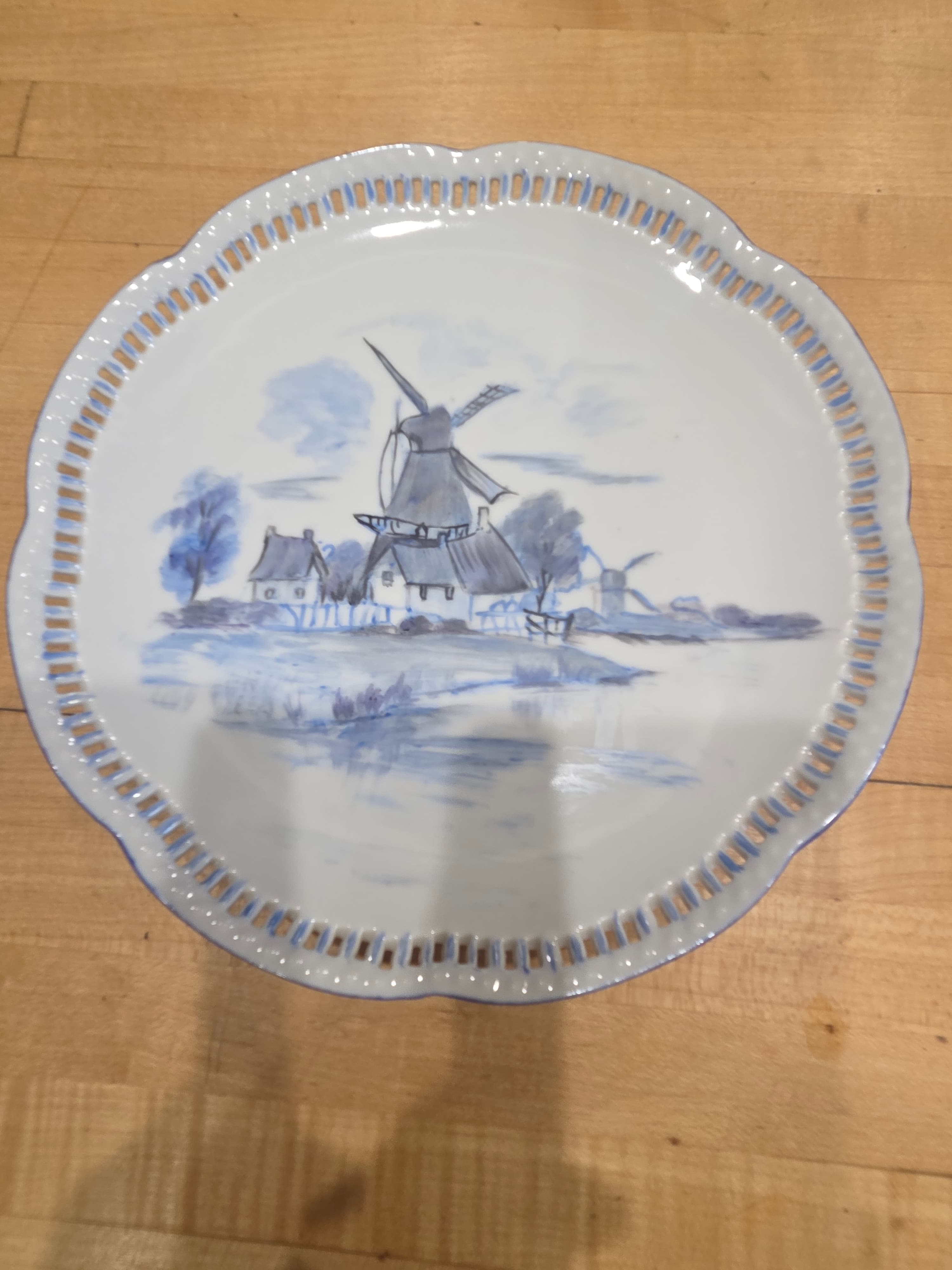 Vintage Delft Style Blue and White Dutch Windmill Wall Hanging Plate 7.75