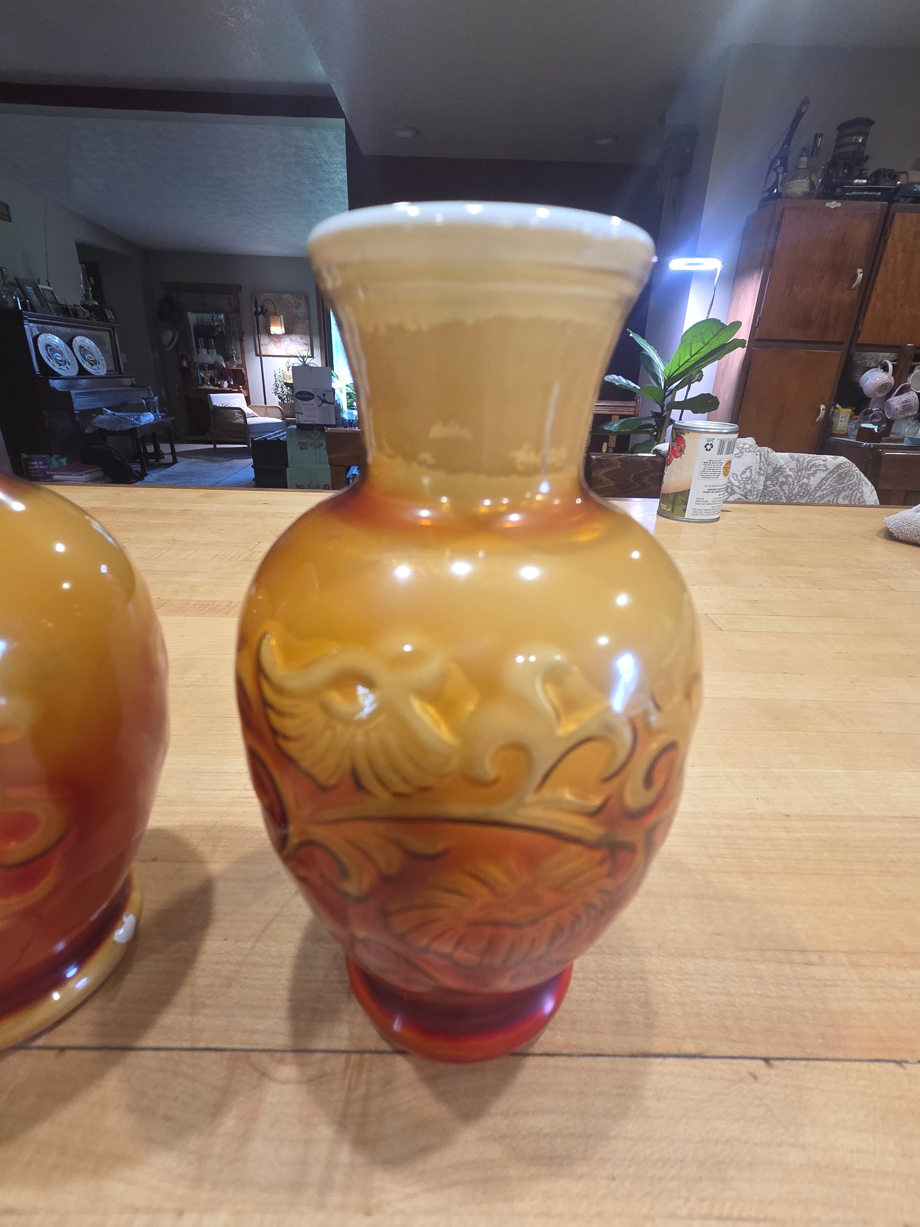 Vintage Avon Spring Bouquet Amberina Slag Glass Vase Pair Mid Century - Thumbnail 2