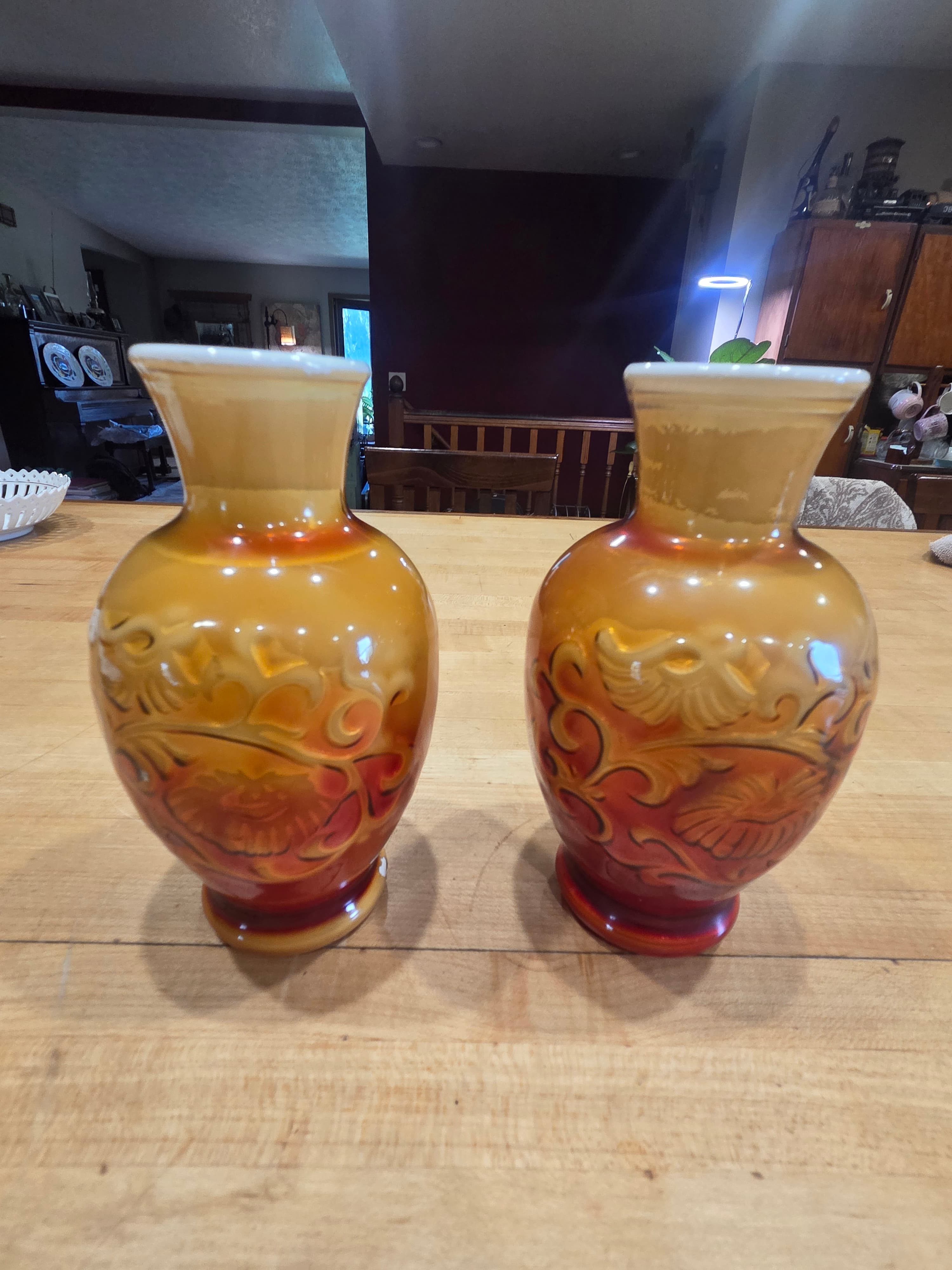 Vintage Avon Spring Bouquet Amberina Slag Glass Vase Pair Mid Century