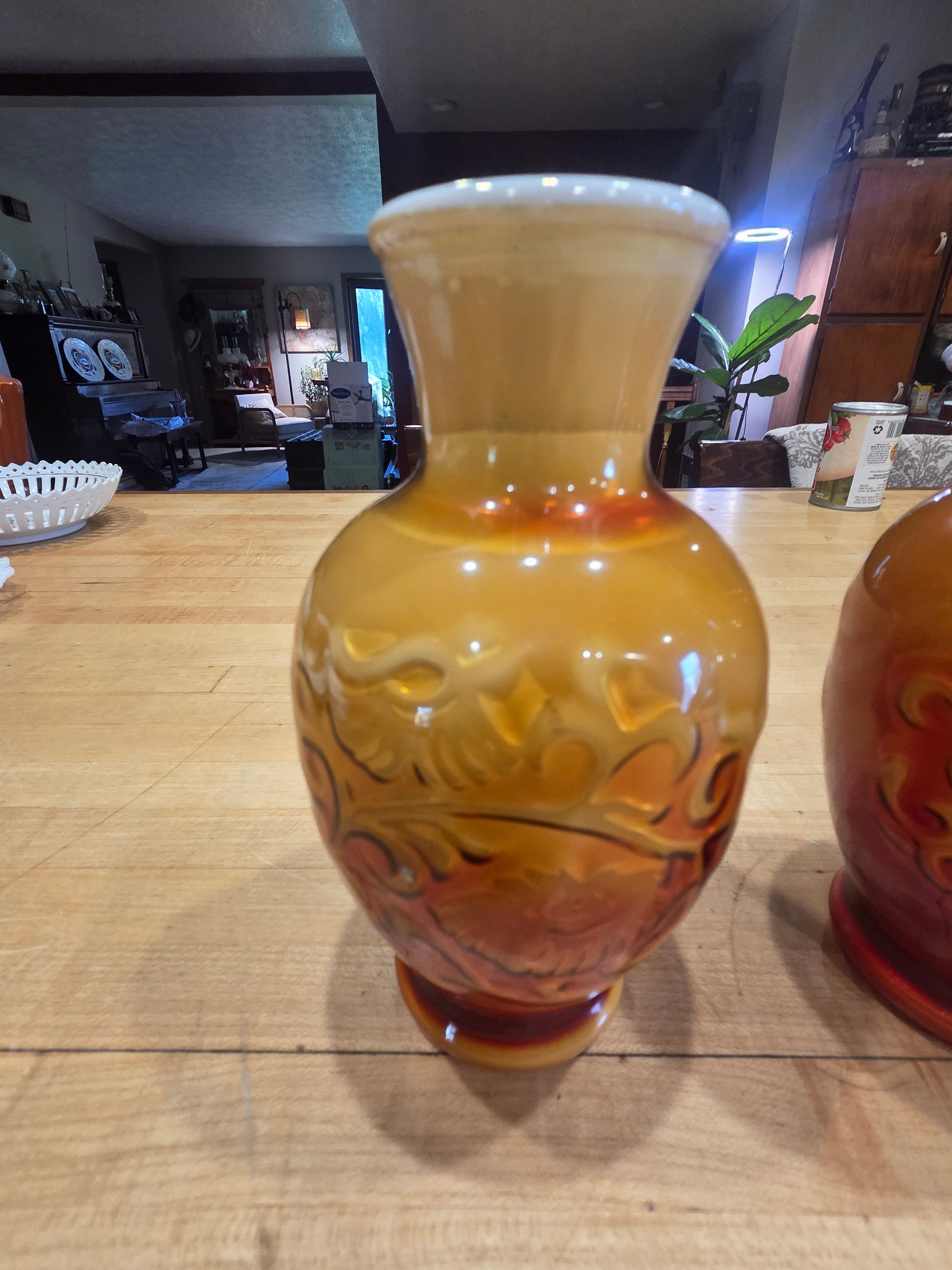 Vintage Avon Spring Bouquet Amberina Slag Glass Vase Pair Mid Century - Thumbnail 3