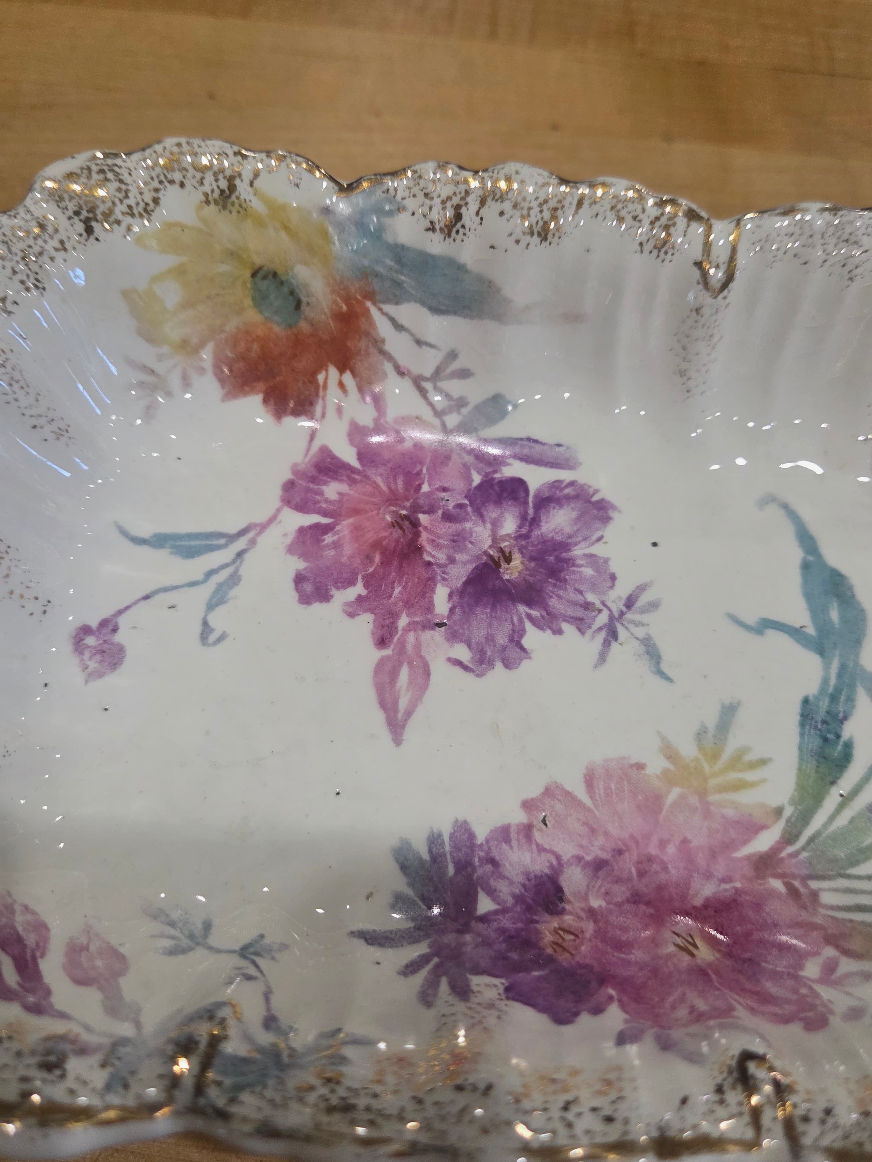 Antique Victoria Austria Porcelain Floral Celery Dish Scalloped Gold Trim - Thumbnail 2
