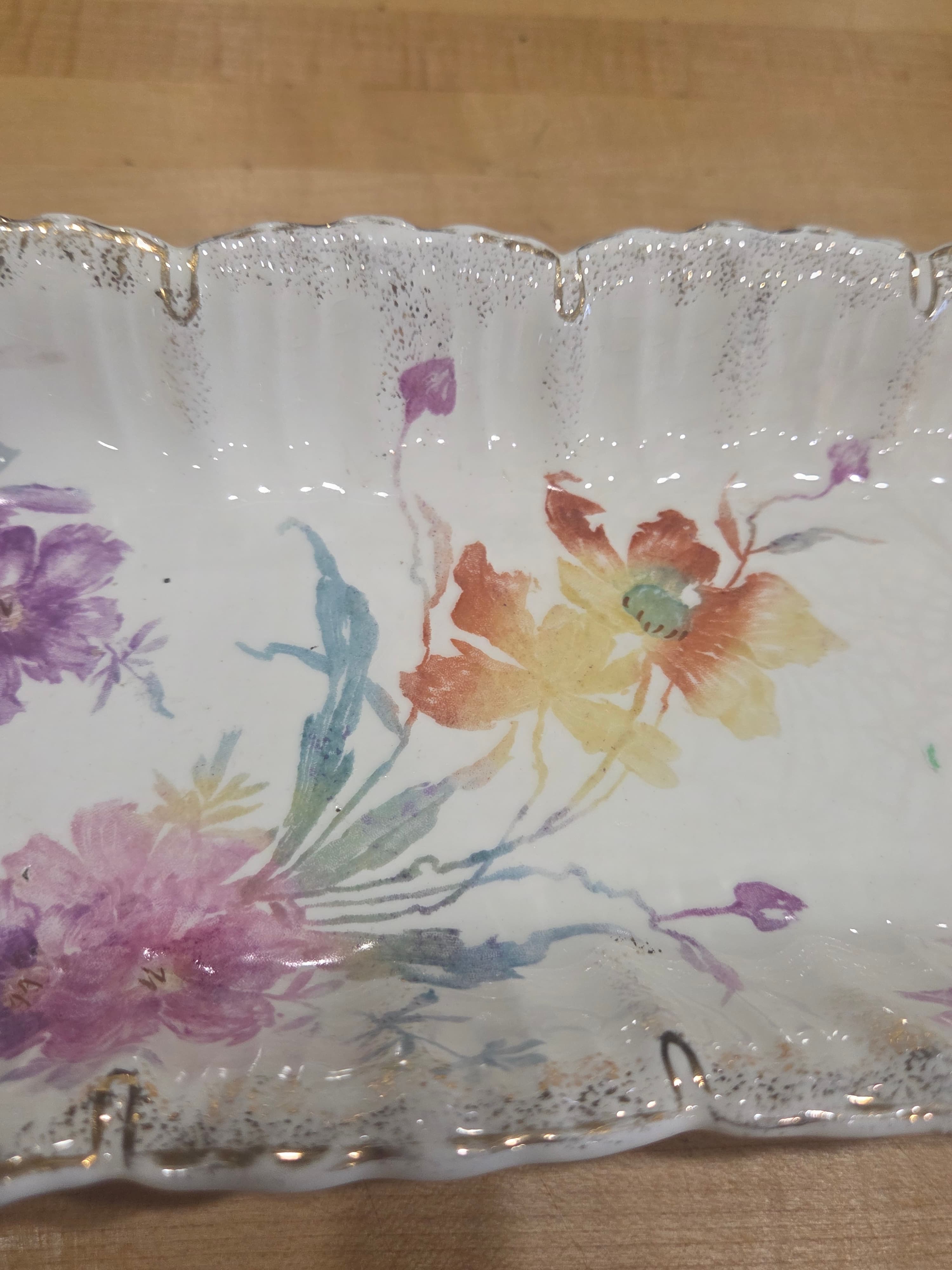 Antique Victoria Austria Porcelain Floral Celery Dish Scalloped Gold Trim - Thumbnail 3