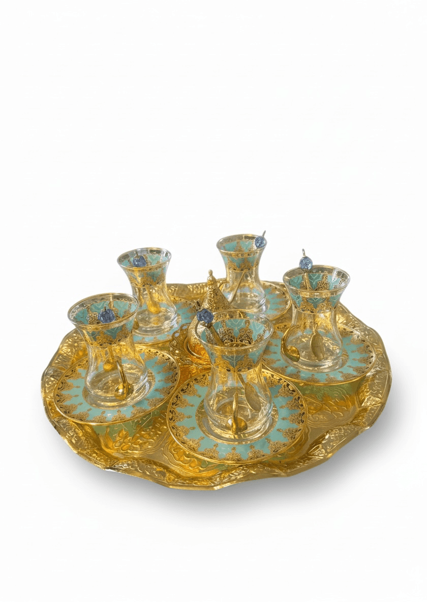 Turkish Tea Set with Glasses and Saucers, Gold and Blue Design - Thumbnail 2