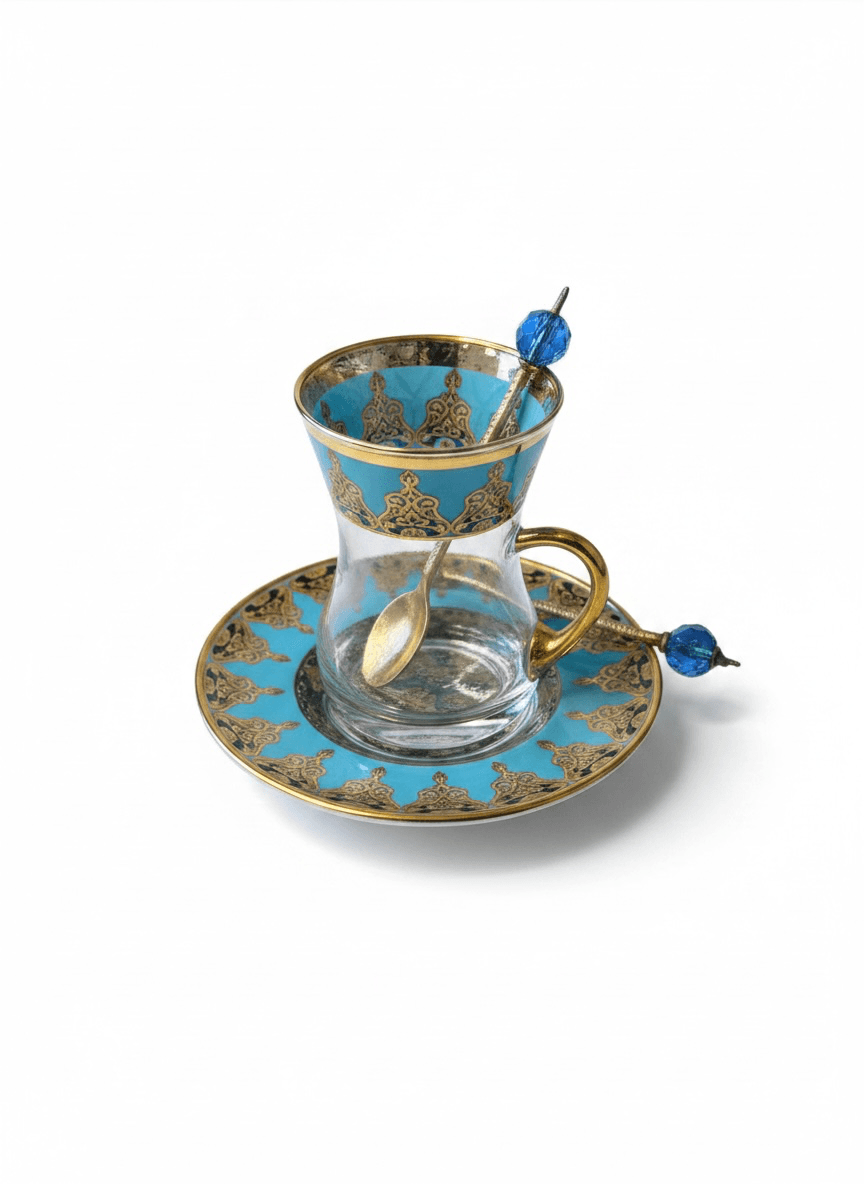 Turkish Tea Set with Glasses and Saucers, Gold and Blue Design