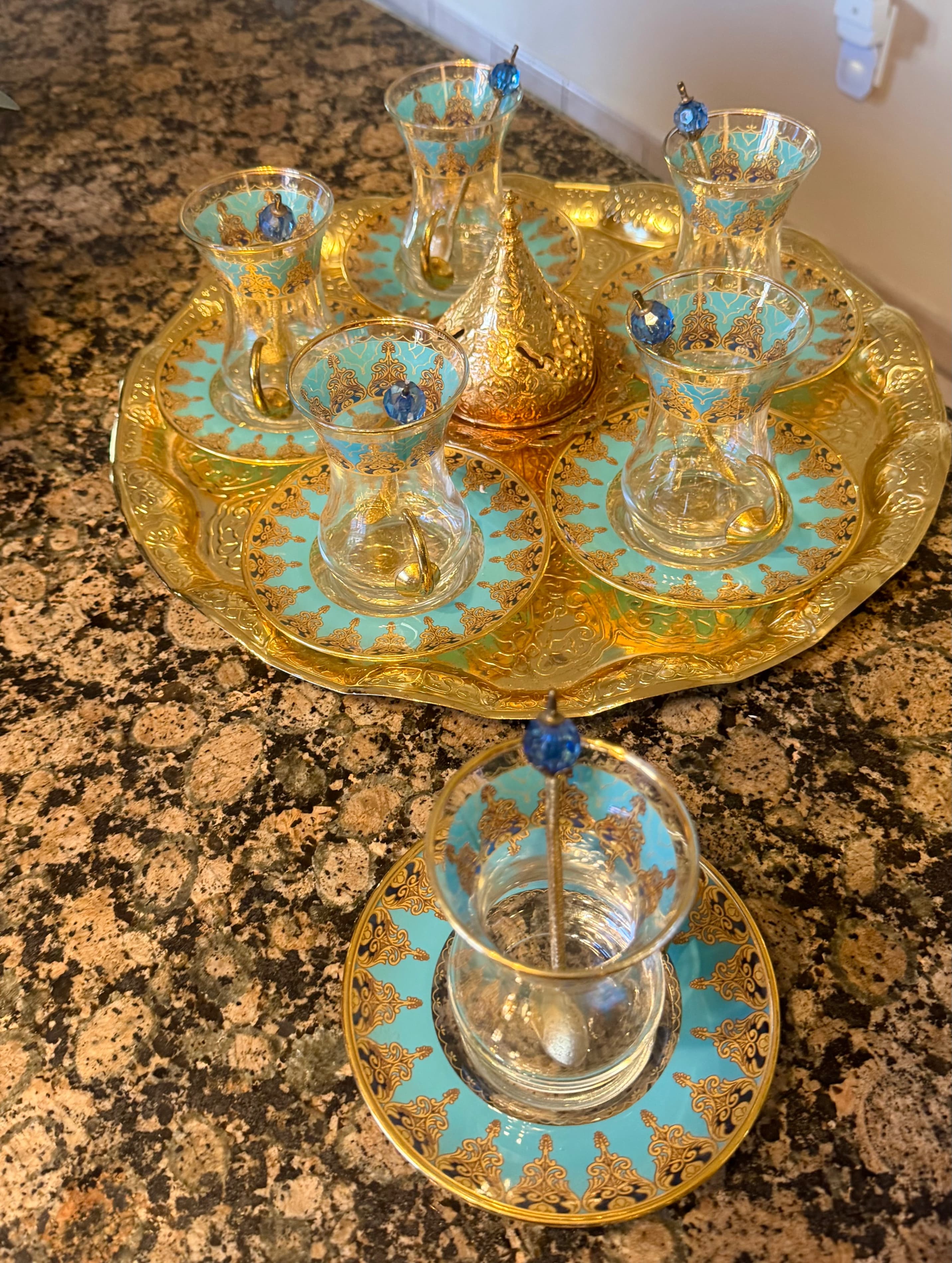 Turkish Tea Set with Glasses and Saucers, Gold and Blue Design - Thumbnail 6