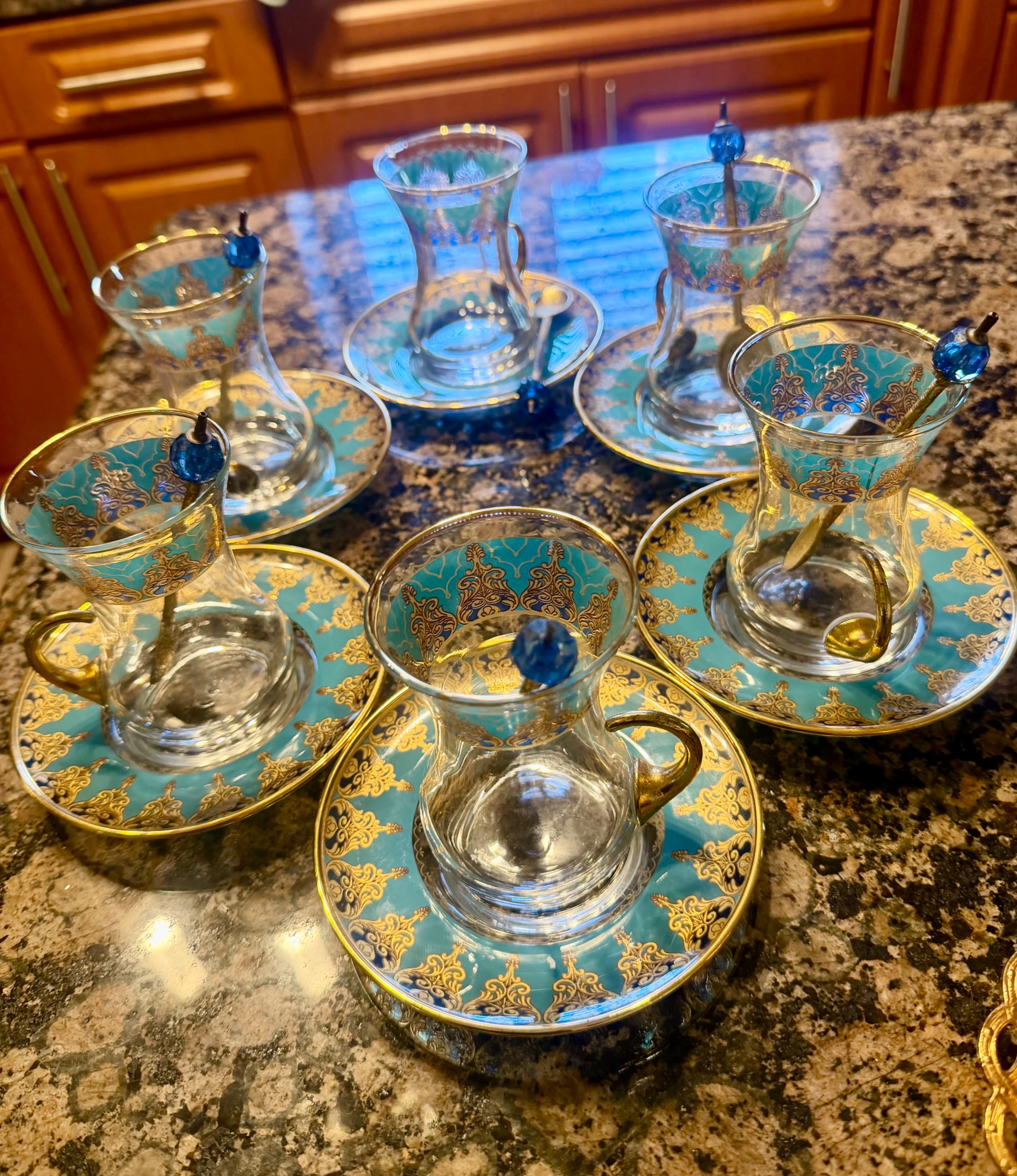 Turkish Tea Set with Glasses and Saucers, Gold and Blue Design - Thumbnail 8