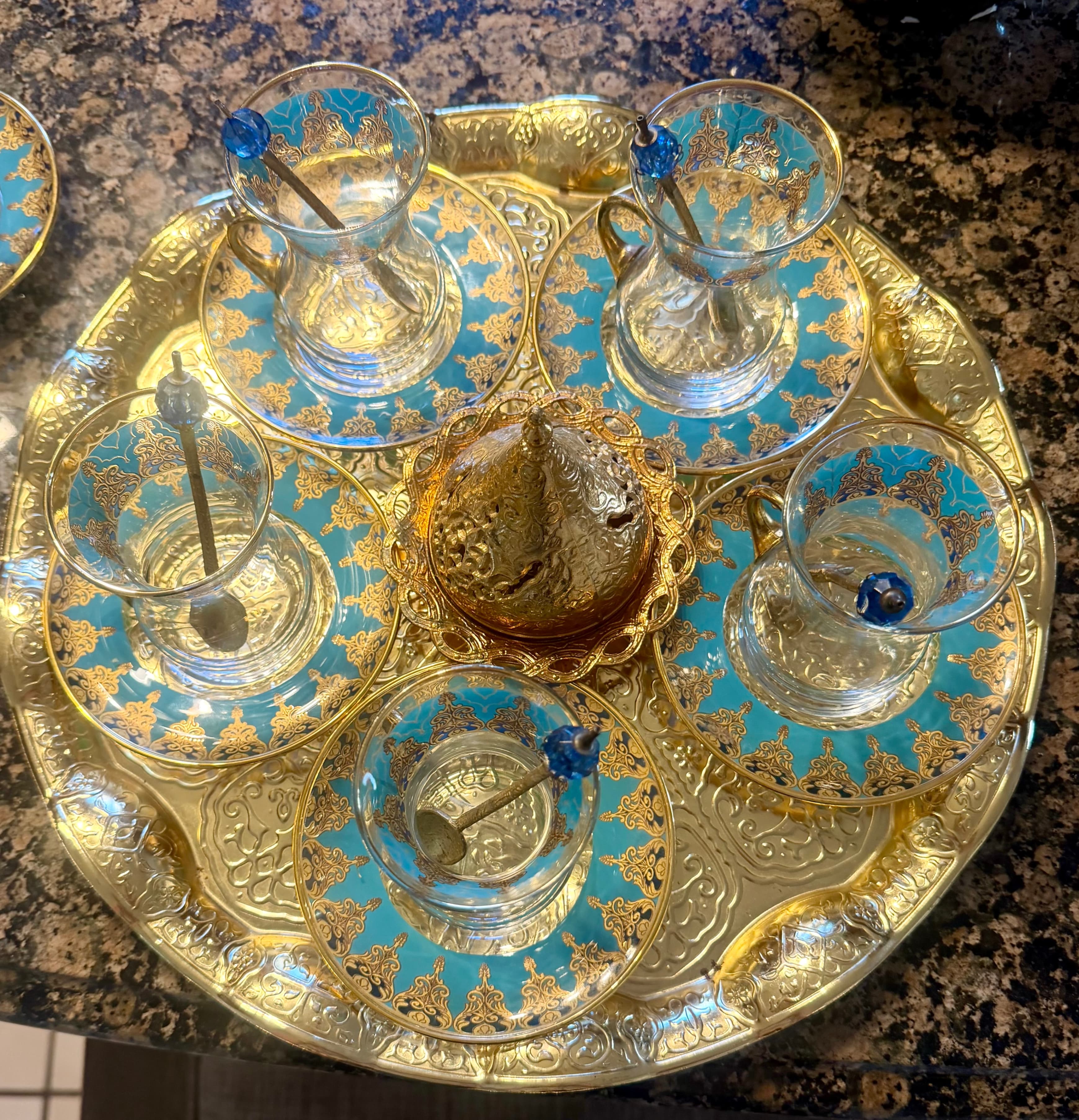 Turkish Tea Set with Glasses and Saucers, Gold and Blue Design - Thumbnail 10