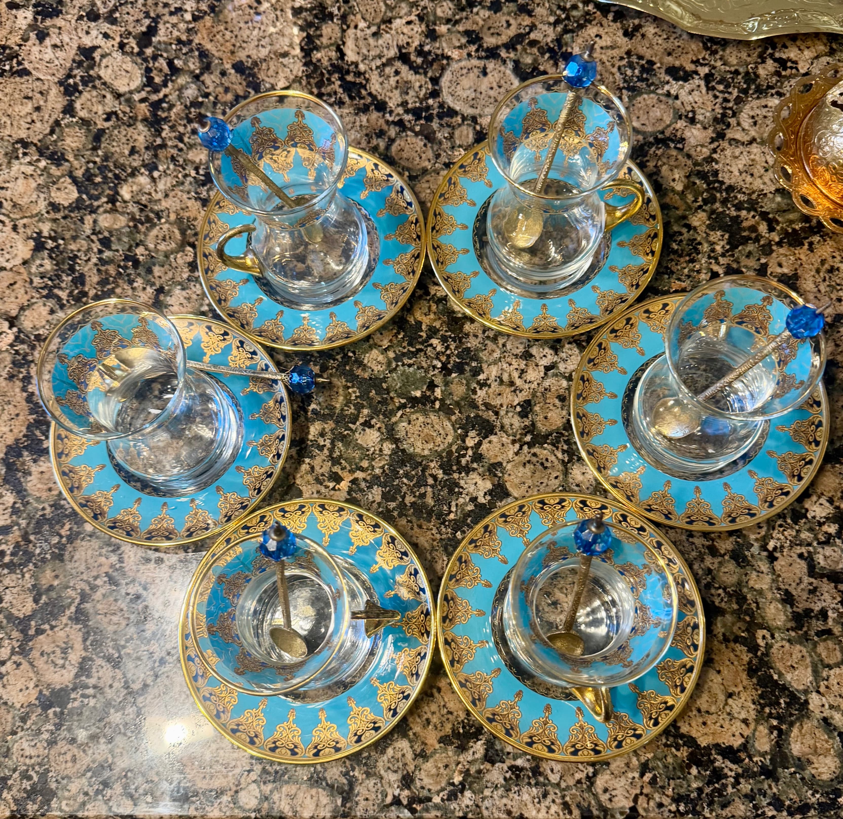 Turkish Tea Set with Glasses and Saucers, Gold and Blue Design - Thumbnail 12