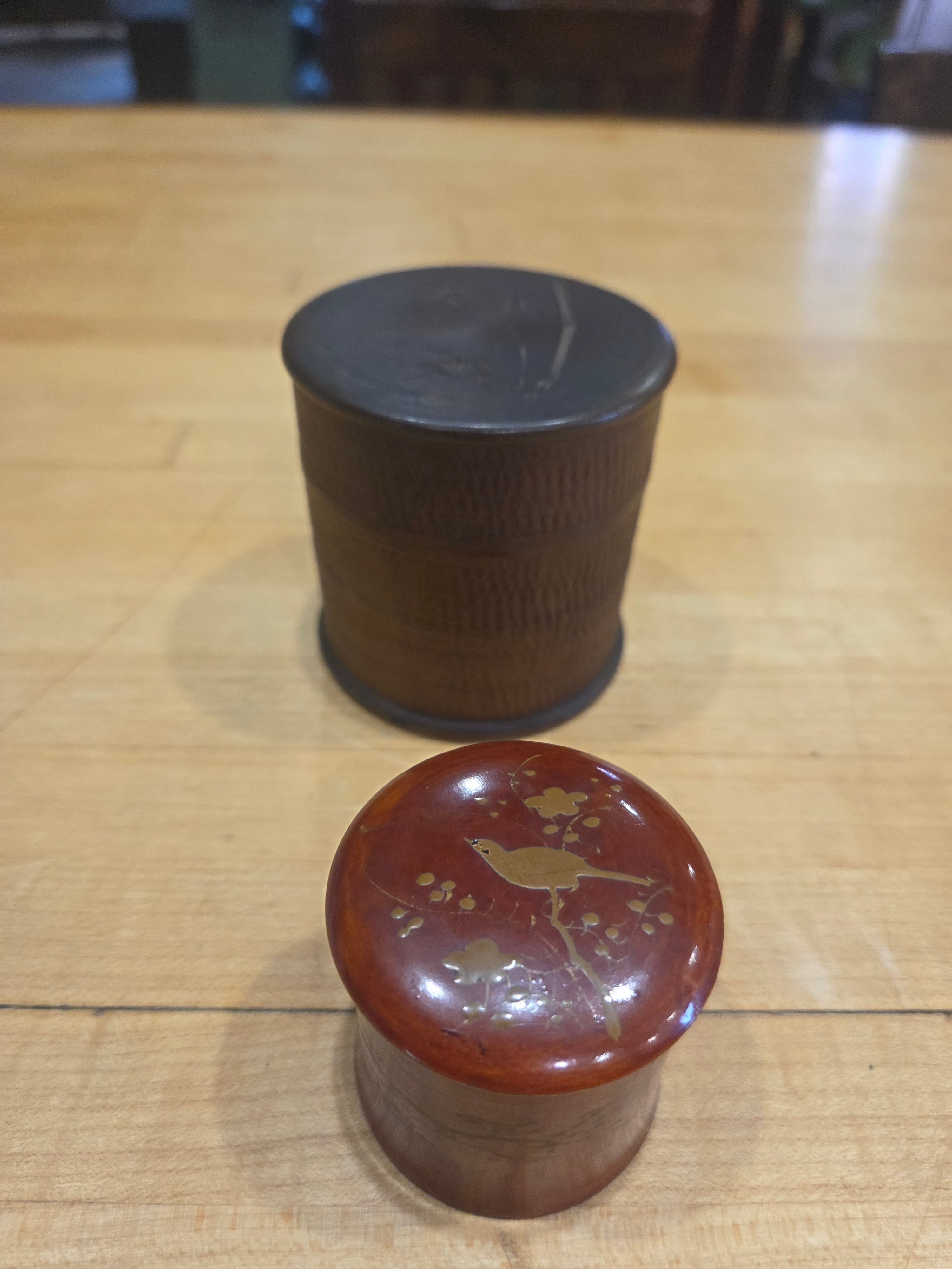 Vintage Japanese Carved Bamboo & Lacquer Bird Natsume Tea Caddy Set - Thumbnail 6