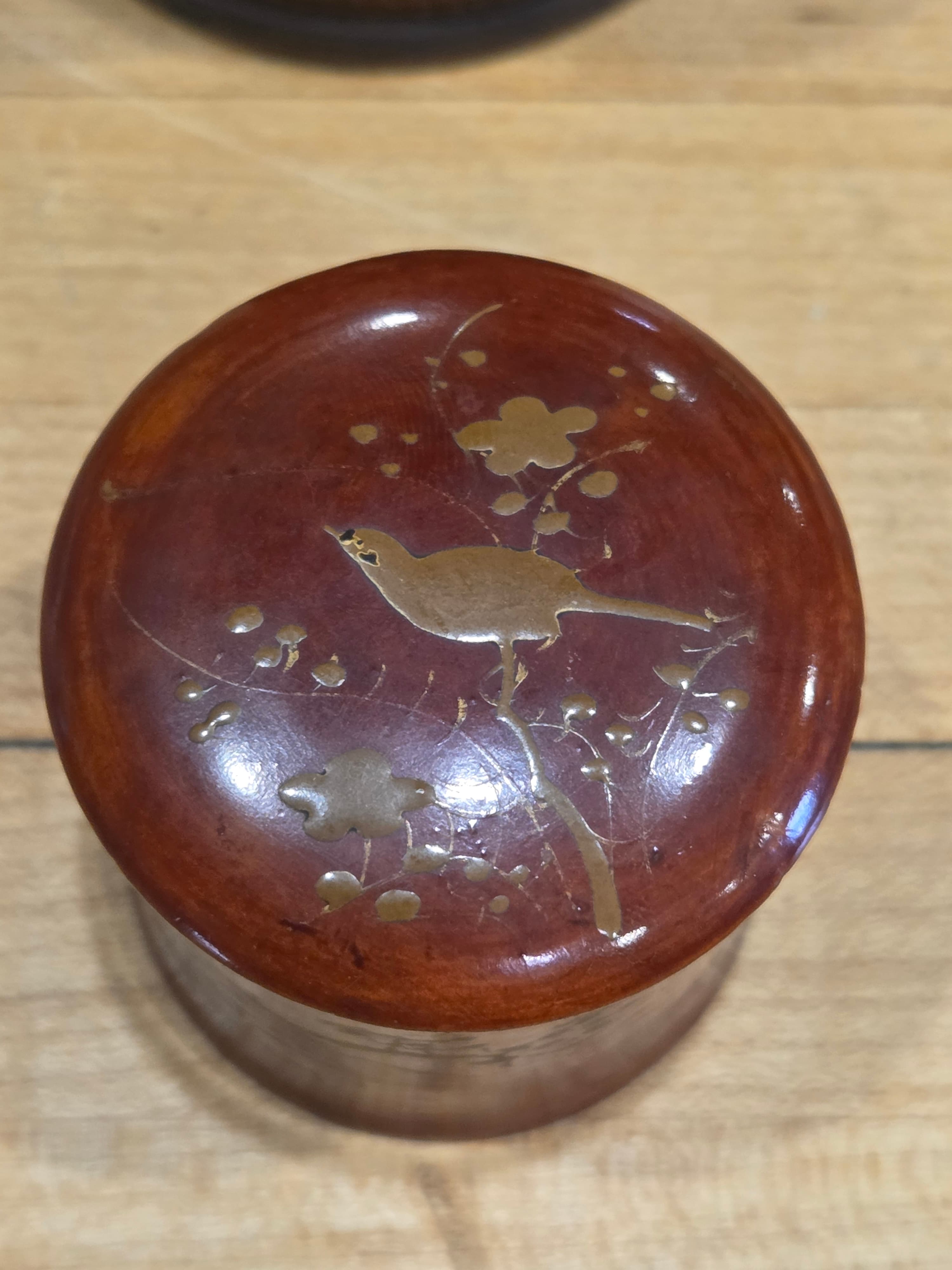 Vintage Japanese Carved Bamboo & Lacquer Bird Natsume Tea Caddy Set - Thumbnail 4