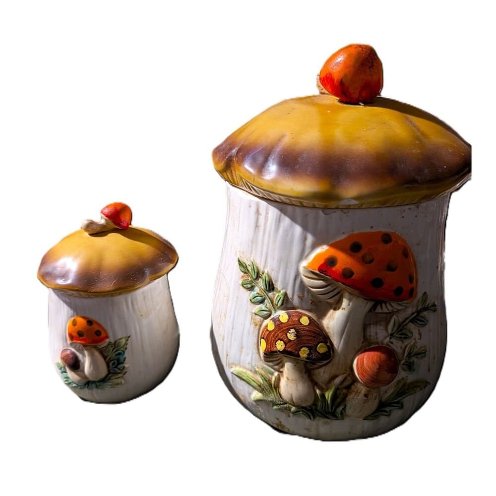 Vintage Sears Merry Mushroom Canister Set 2 Ceramic Jars Retro 1970s Kitchen MCM - Thumbnail 3