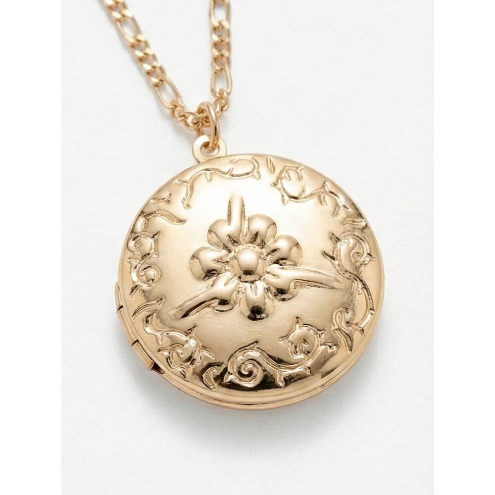 Nordstrom Gold Floral Locket Necklace Photo Pendant Figaro Chain Heirloom - Thumbnail 2
