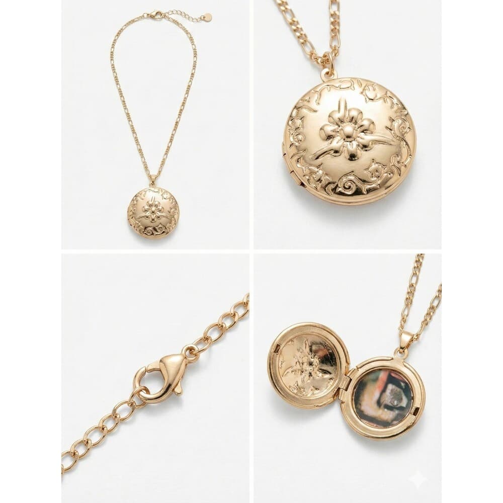 Nordstrom Gold Floral Locket Necklace Photo Pendant Figaro Chain Heirloom - Thumbnail 6
