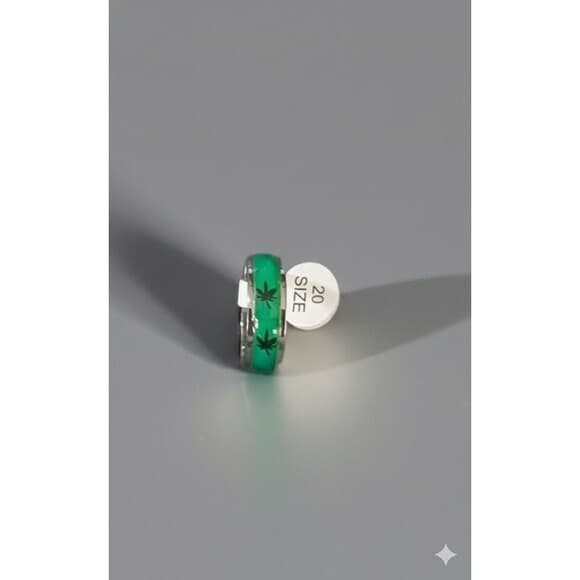 Green Cannabis Leaf Ring Silver Stainless Steel Weed Band 420 Novelty Size 10 - Thumbnail 4