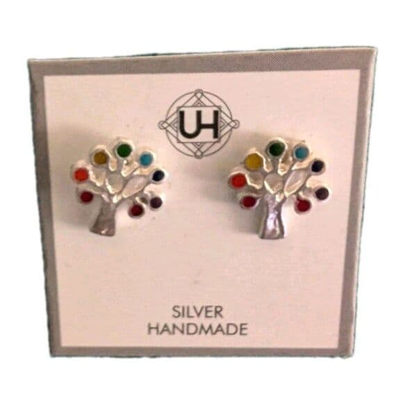 Handmade Tree Shaped Rainbow Gem Earrings - Colorful, Nickel-Free Jewelry - Thumbnail 2