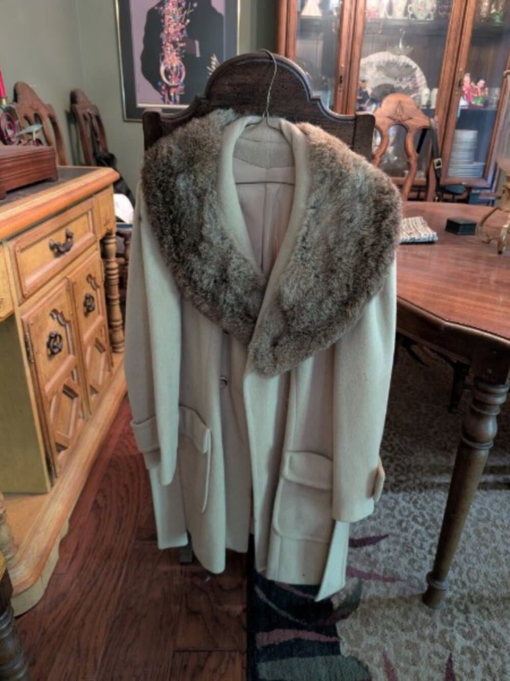VTG 1960s Wool Coat Fur Collar Belted Cream Tan ILGWU Union Made Penny Lane L - Thumbnail 3