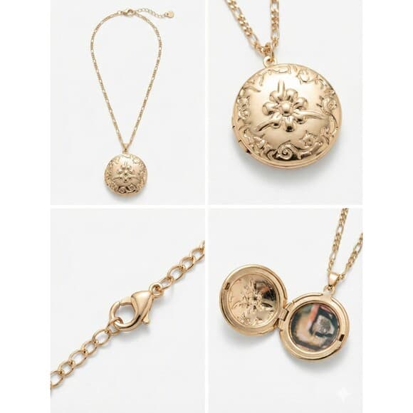 Nordstrom Gold Floral Locket Necklace Photo Pendant Figaro Chain Heirloom - Thumbnail 7