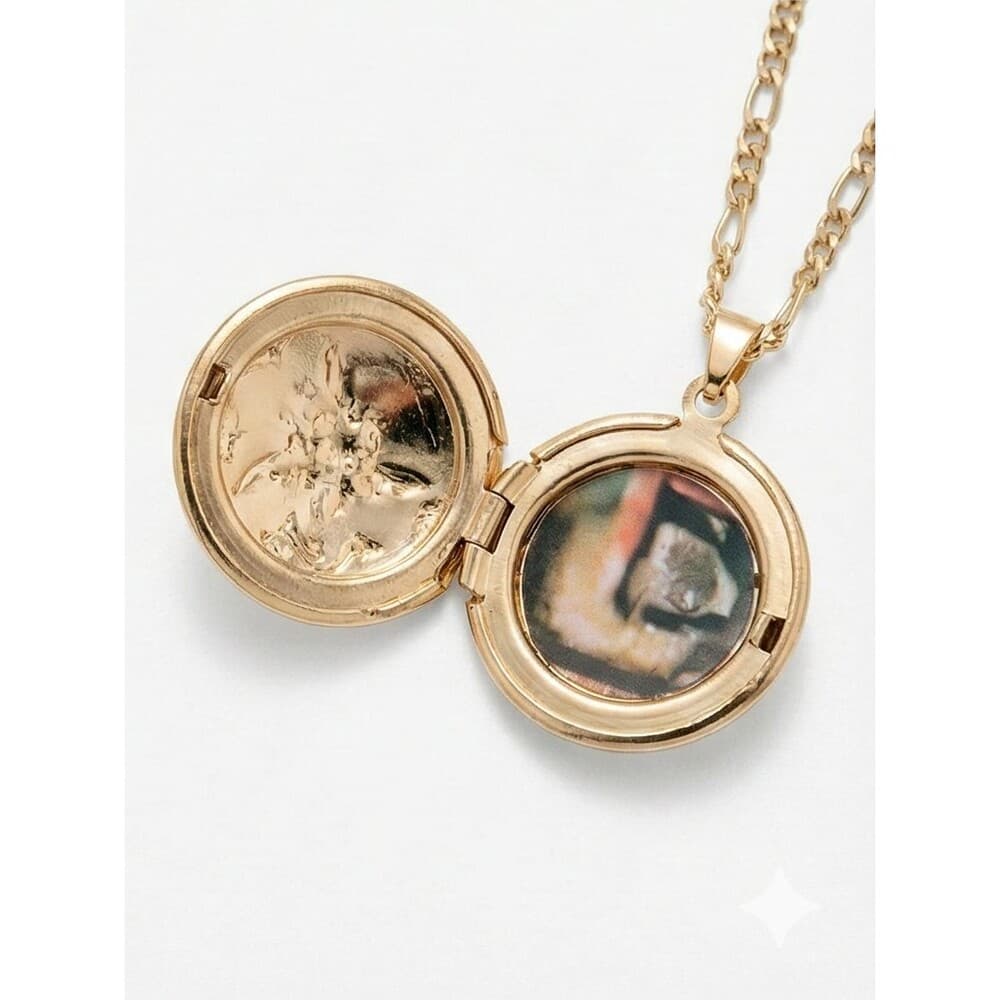 Nordstrom Gold Floral Locket Necklace Photo Pendant Figaro Chain Heirloom - Thumbnail 4