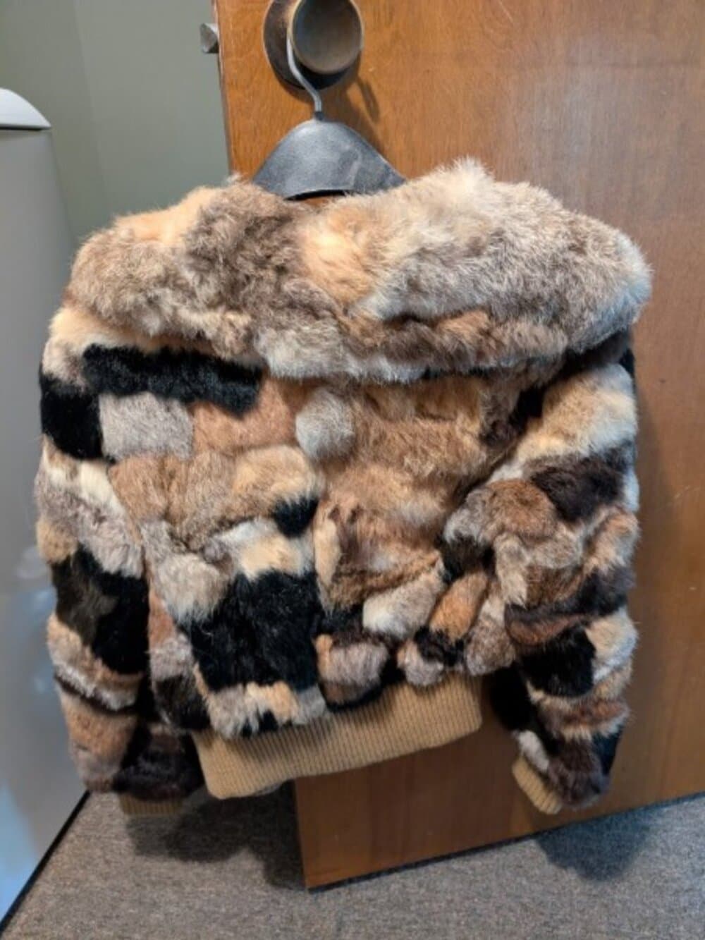 Vintage 70s 80s Patchwork Real Rabbit Fur Hooded Bomber Jacket