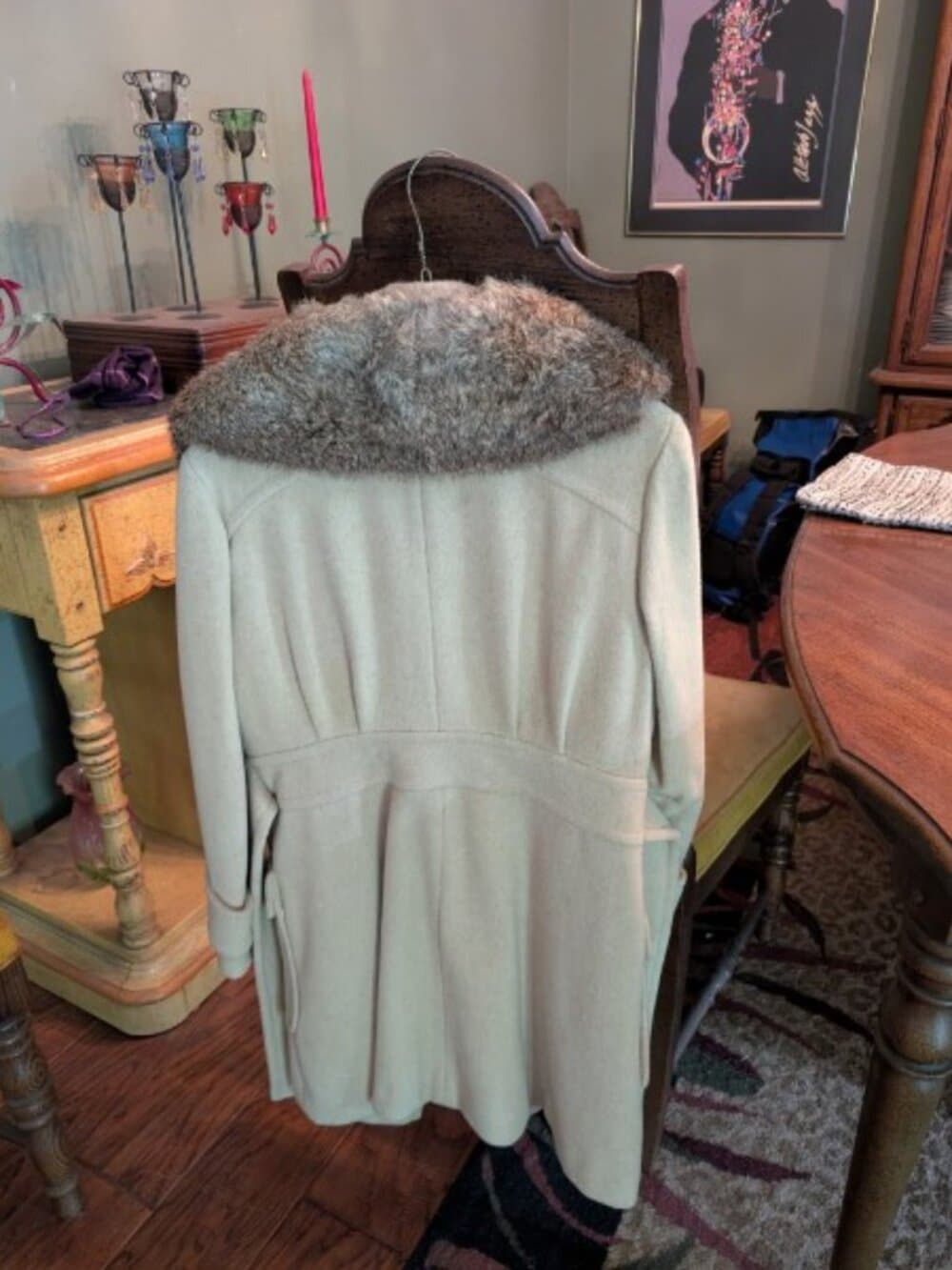 VTG 1960s Wool Coat Fur Collar Belted Cream Tan ILGWU Union Made Penny Lane L