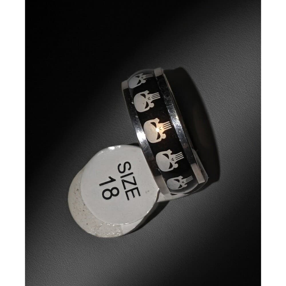 Y2K Emo Goth Skull Emoji Ring Stainless Steel Black White Enamel Band Size 8 - Thumbnail 2