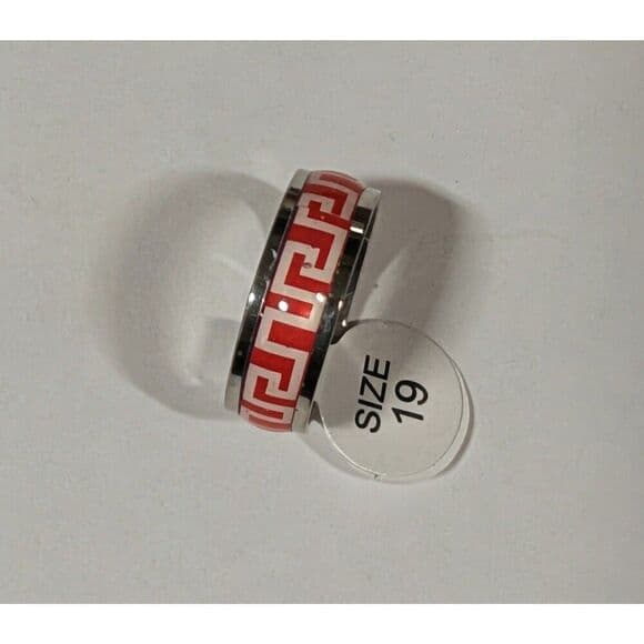 Red Greek Key Meander Band Ring Stainless Steel Enamel Geometric Size 9 - Thumbnail 5