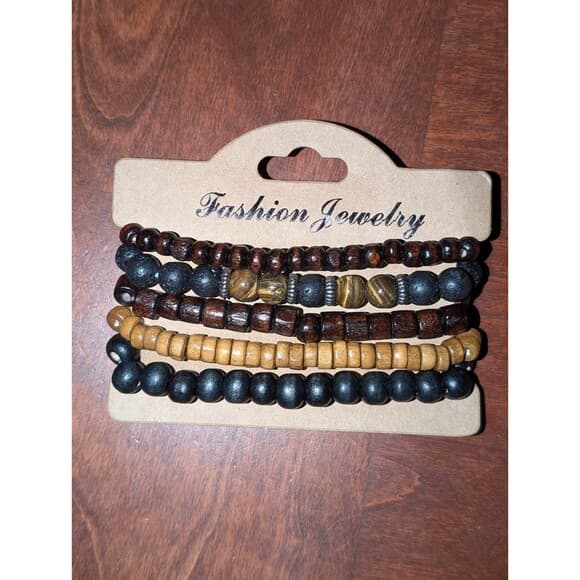 5Pc Boho Wood Beaded Bracelet Stack Surfer Tribal Stretch Men Unisex Lava Rock - Thumbnail 2