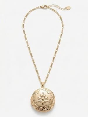 Nordstrom Gold Floral Locket Necklace Photo Pendant Figaro Chain Heirloom - Thumbnail 2