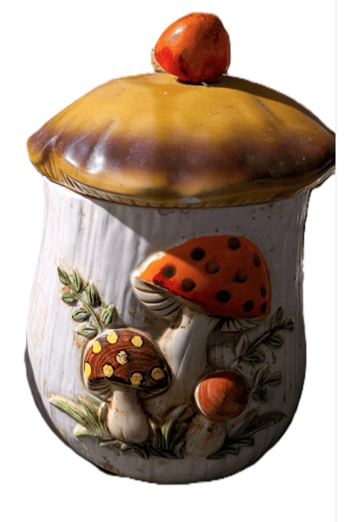 Vintage Sears Merry Mushroom Canister Set 2 Ceramic Stoneware Jars & Lids 1970s - Thumbnail 2