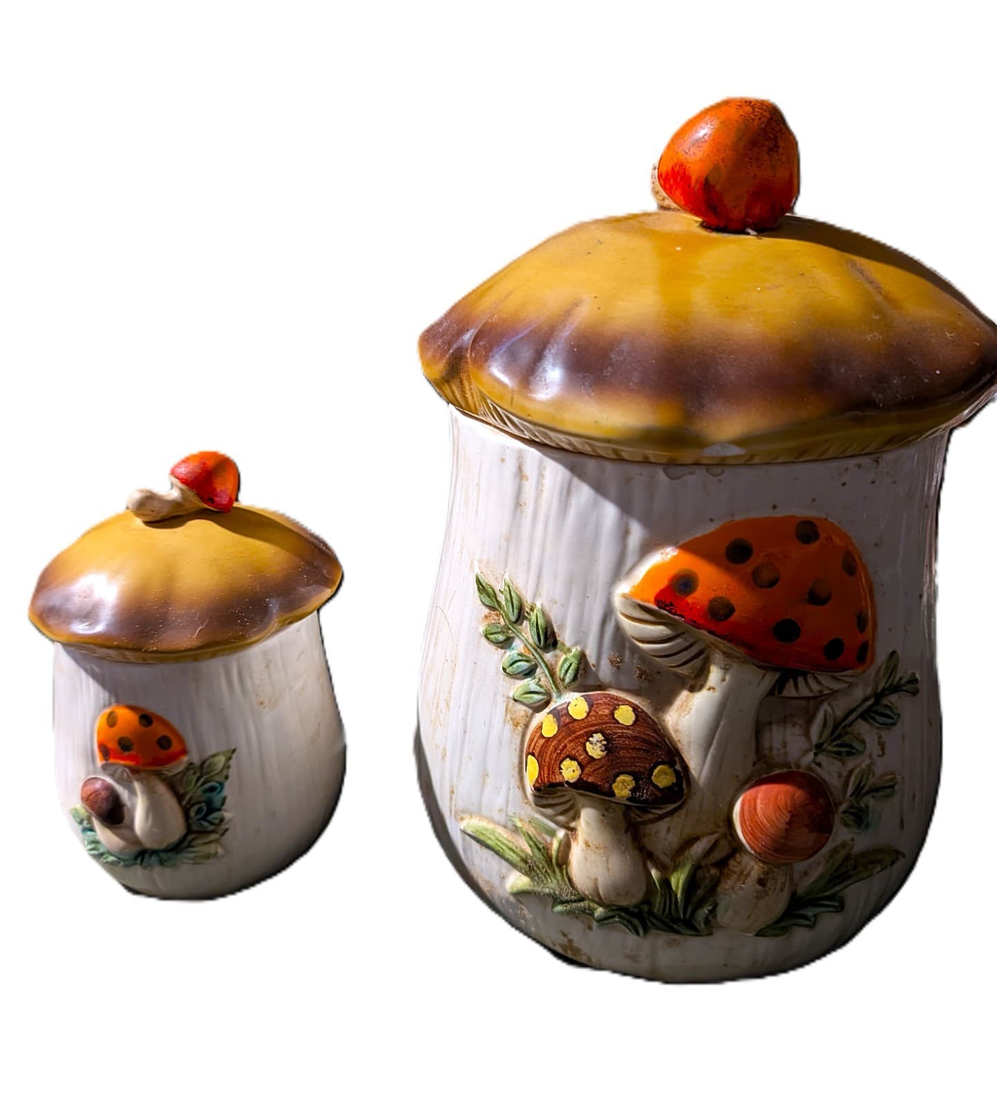Vintage Sears Merry Mushroom Canister Set 2 Ceramic Stoneware Jars & Lids 1970s