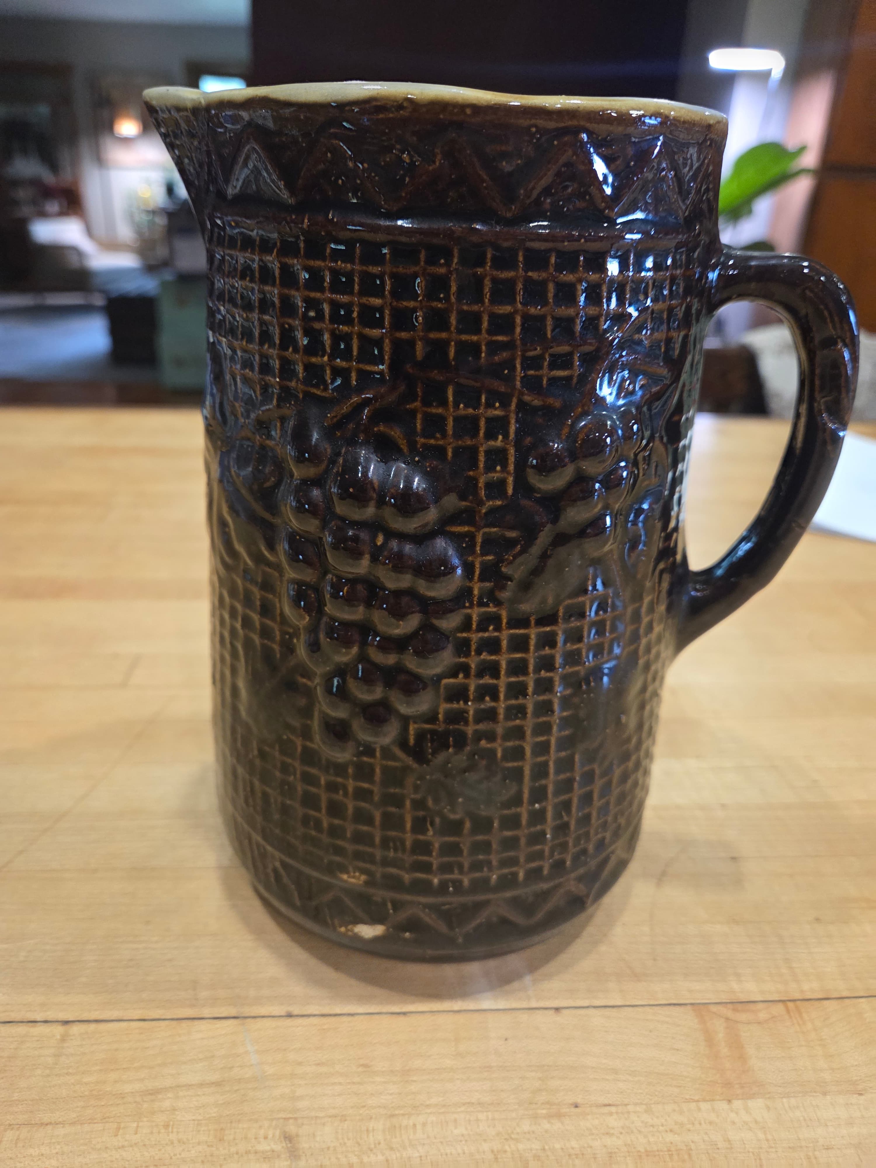 Antique Star Stoneware North Star Grape Lattice Majolica Pitcher 9.5 Inch