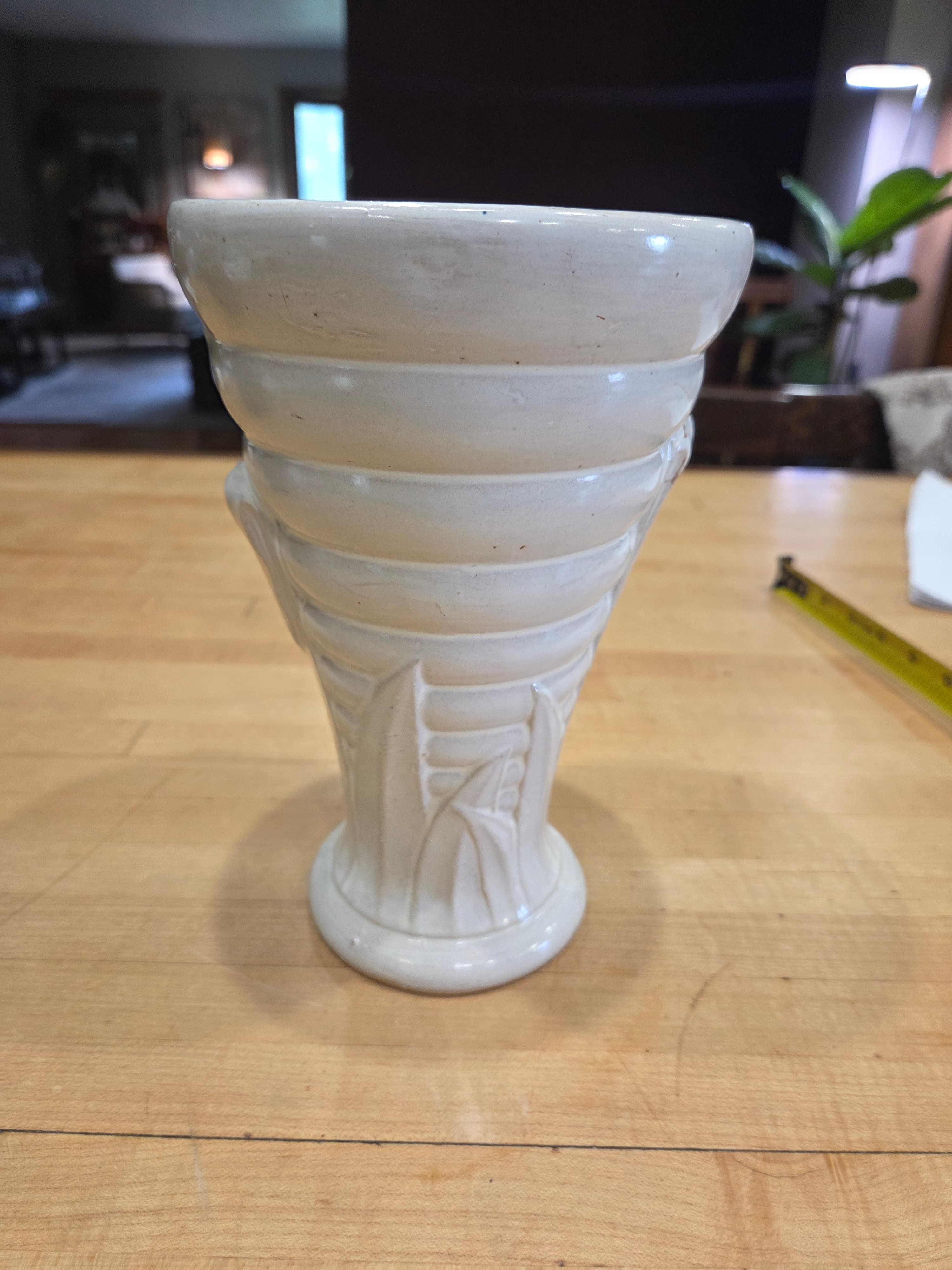 Vintage Brush McCoy Art Deco Rings Leaves Pottery Vase 528 White