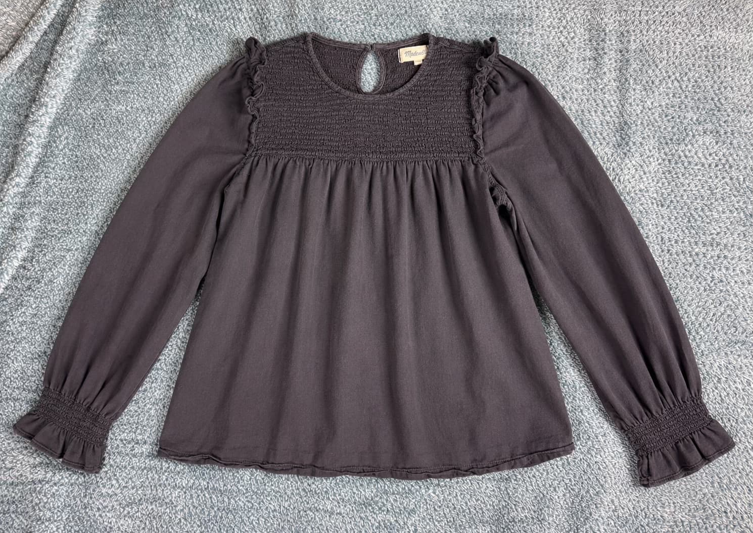 Madewell Black Smocked Long Sleeve Boho Peasant Blouse Women's Size M