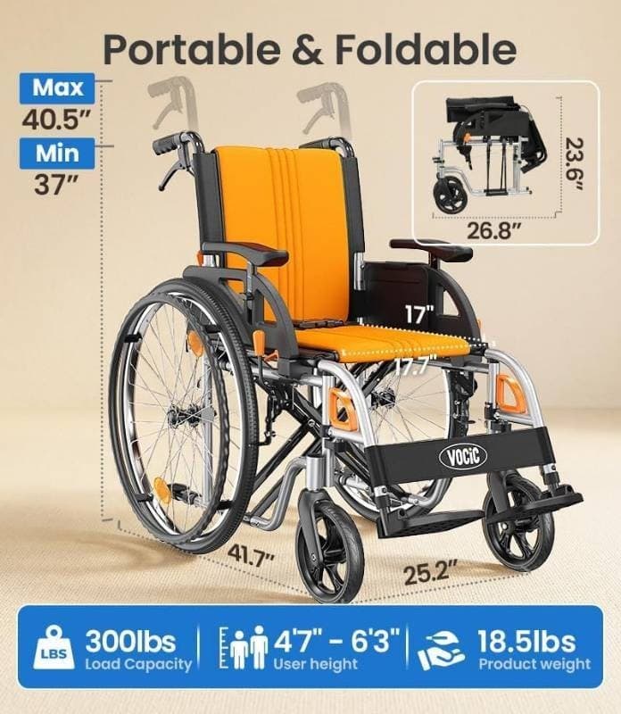 VOCIC U32 Ultra Lightweight Wheelchair Orange Folding Transport Chair NEW NIB - Thumbnail 5