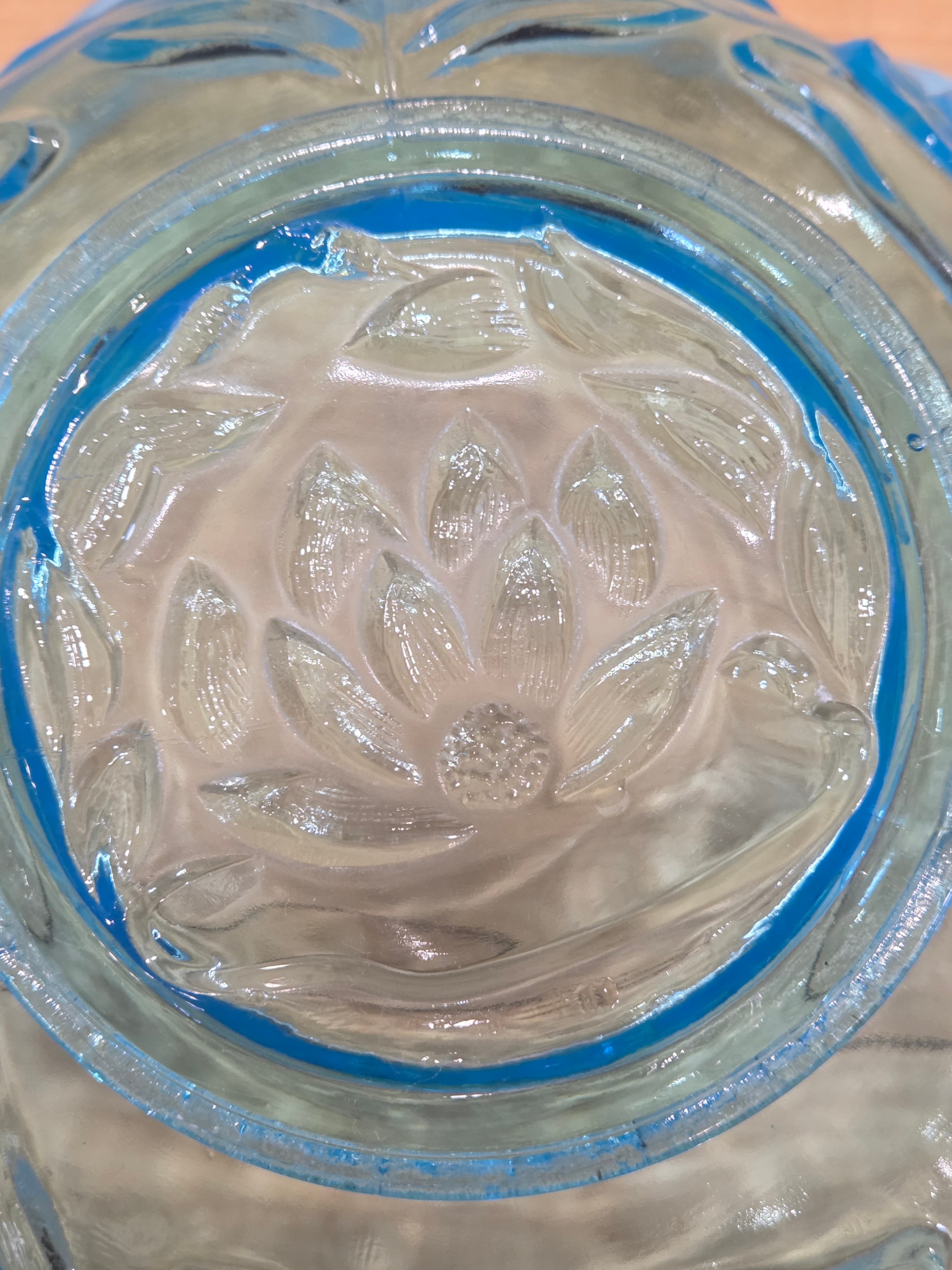 Antique Fenton Water Lily and Cattails Blue Opalescent Glass Bowl 9 Inch - Thumbnail 2
