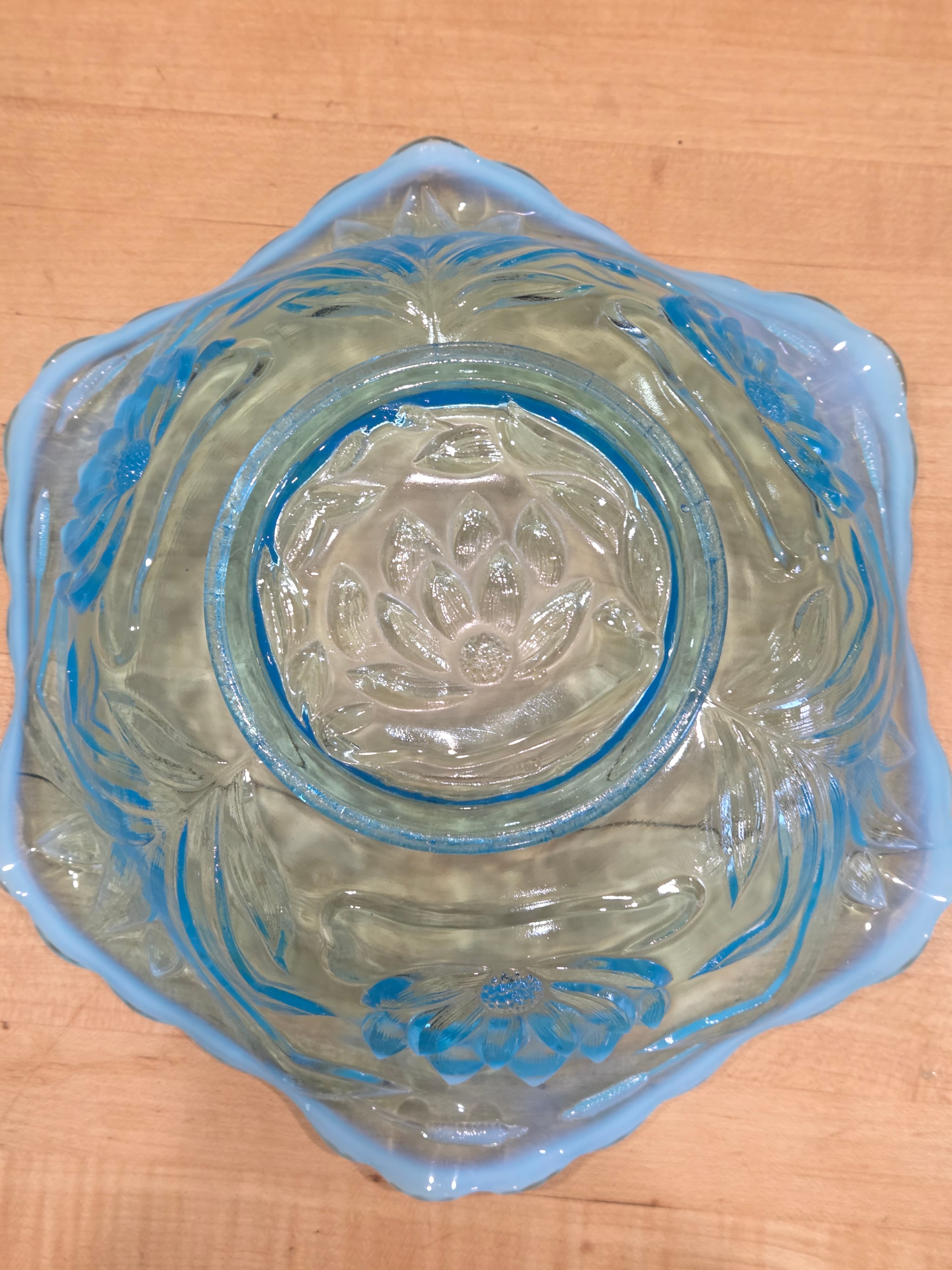 Antique Fenton Water Lily and Cattails Blue Opalescent Glass Bowl 9 Inch