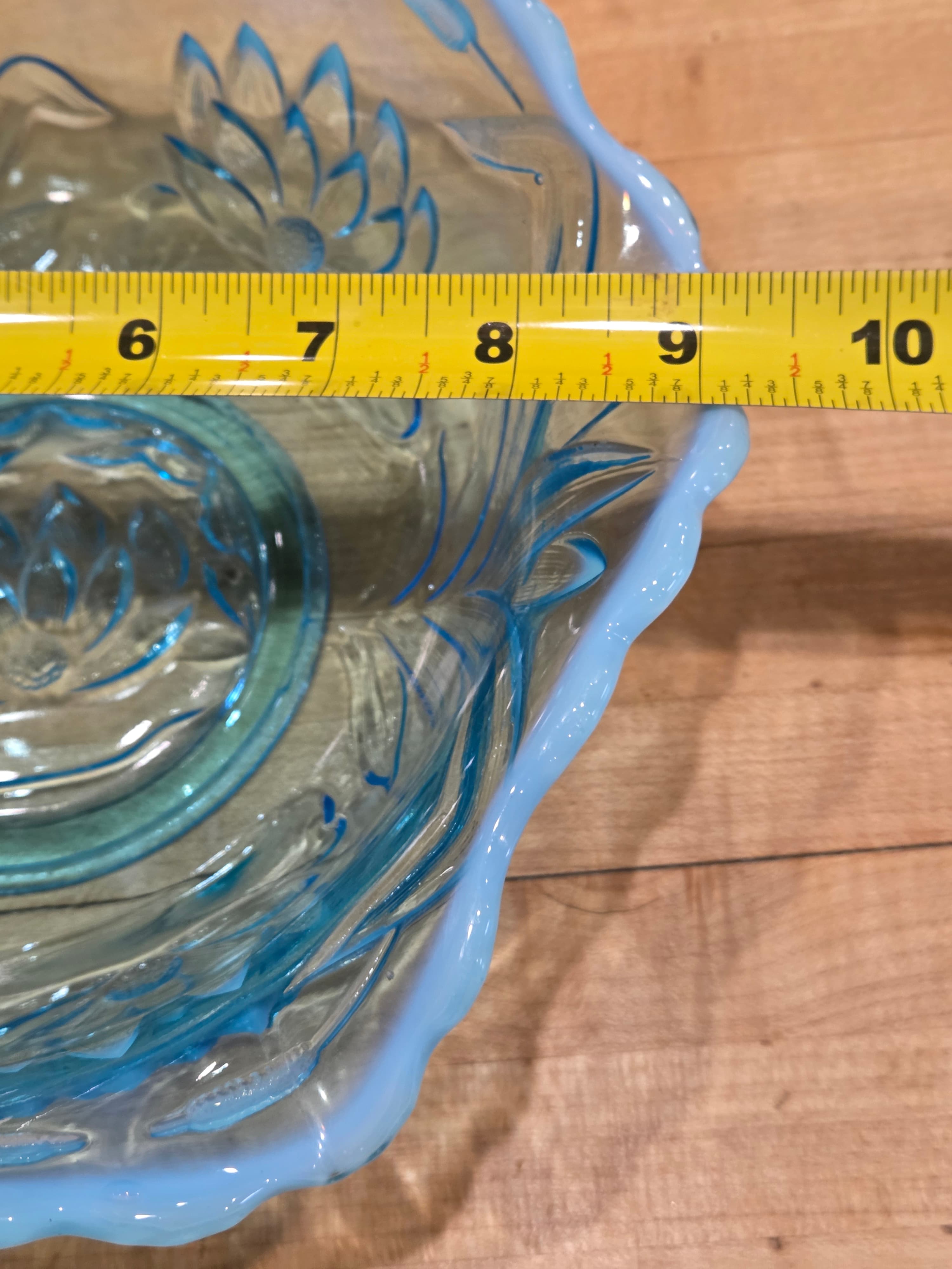 Antique Fenton Water Lily and Cattails Blue Opalescent Glass Bowl 9 Inch - Thumbnail 4