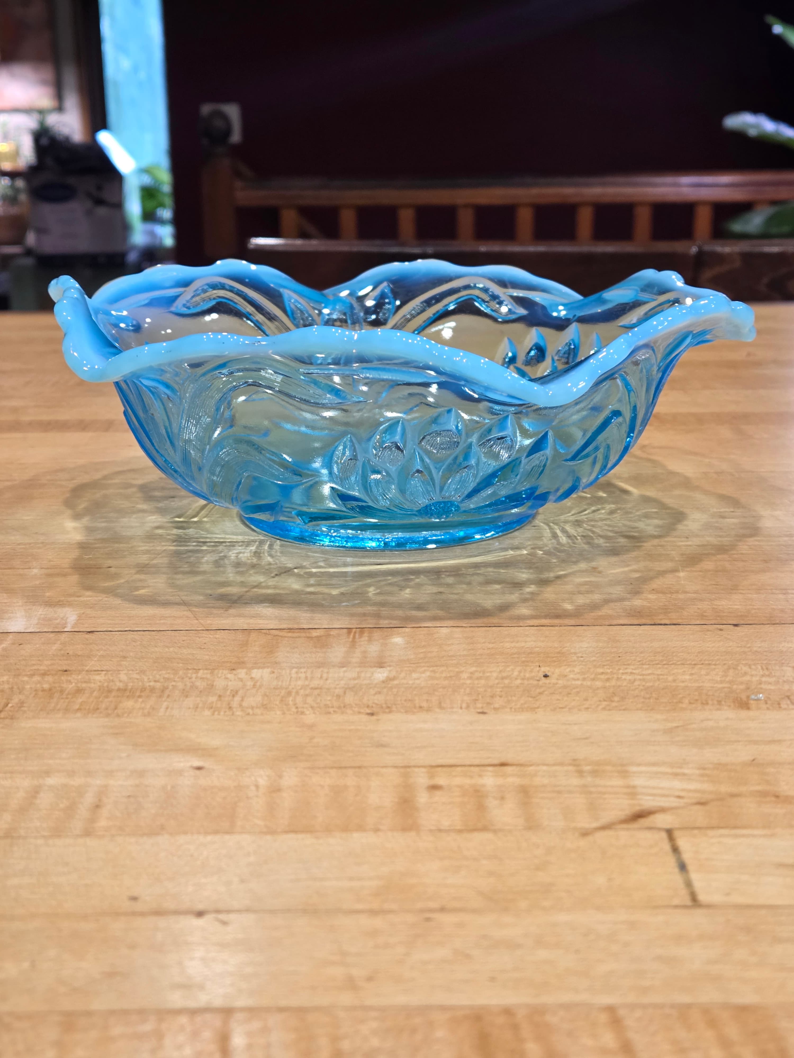 Antique Fenton Water Lily and Cattails Blue Opalescent Glass Bowl 9 Inch - Thumbnail 3