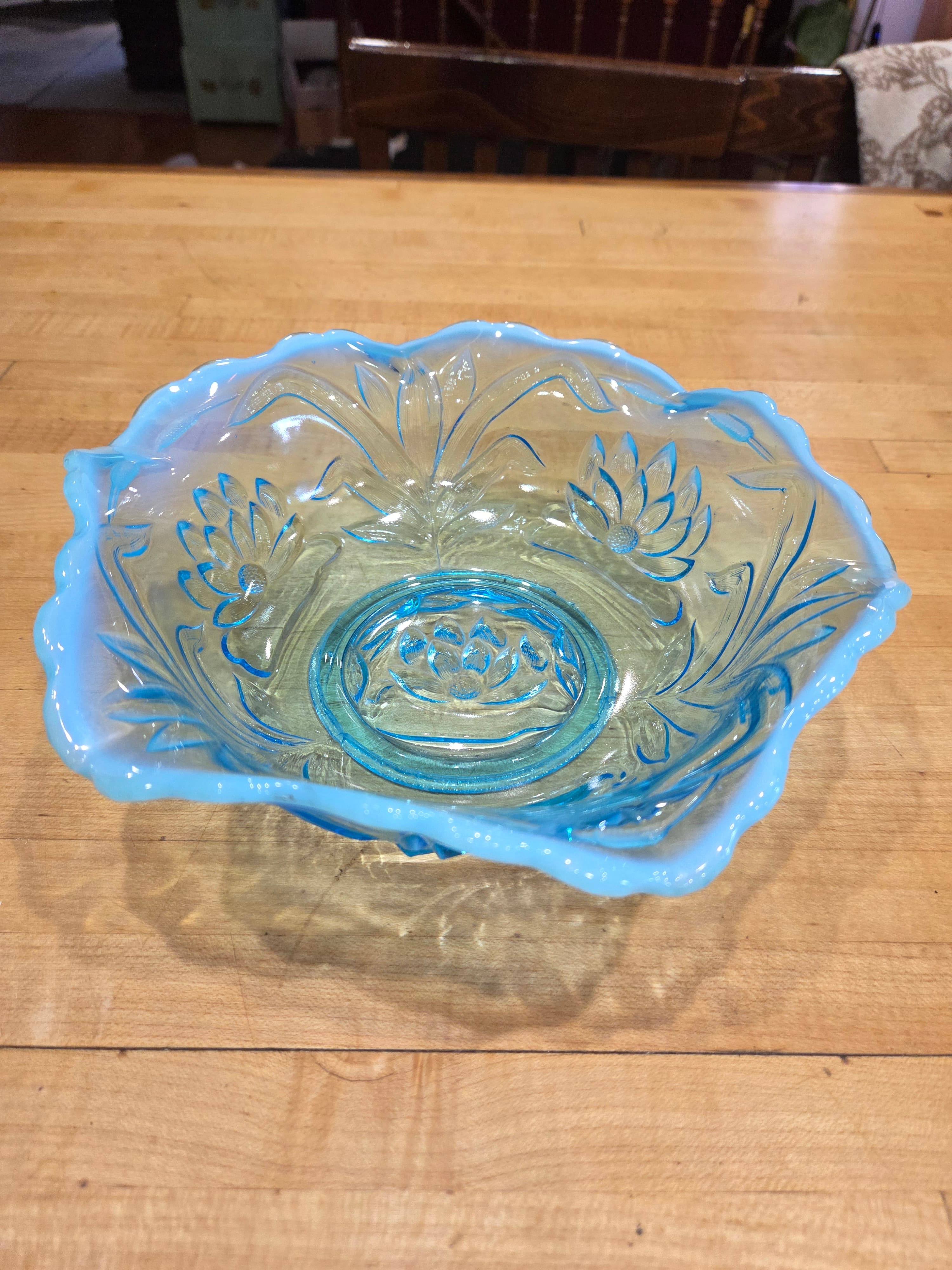 Antique Fenton Water Lily and Cattails Blue Opalescent Glass Bowl 9 Inch - Thumbnail 5