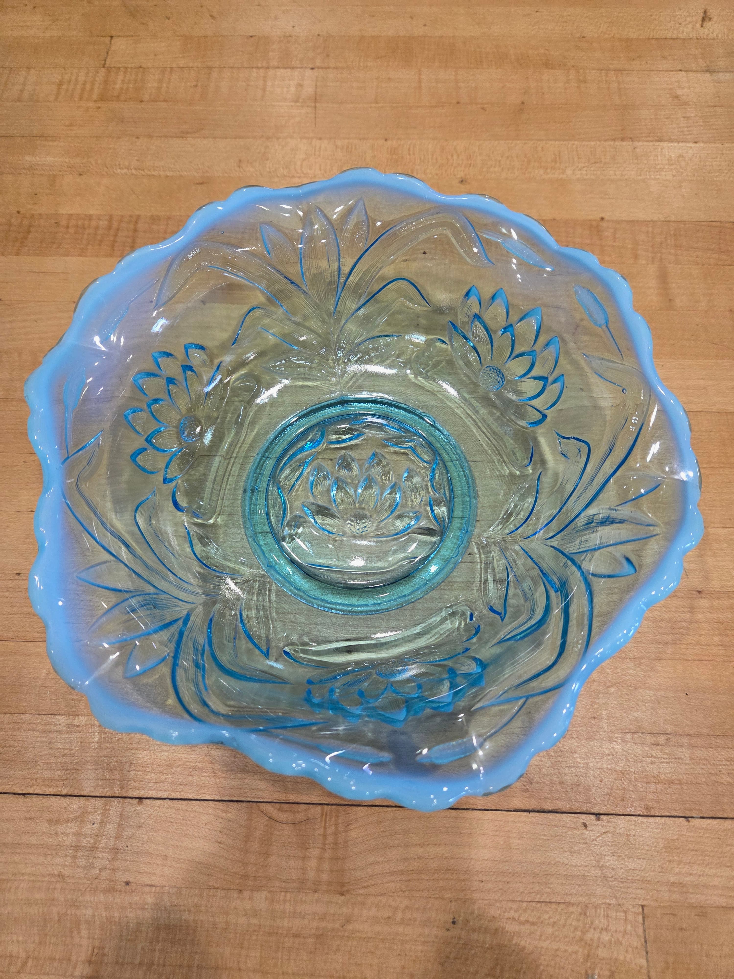 Antique Fenton Water Lily and Cattails Blue Opalescent Glass Bowl 9 Inch - Thumbnail 6