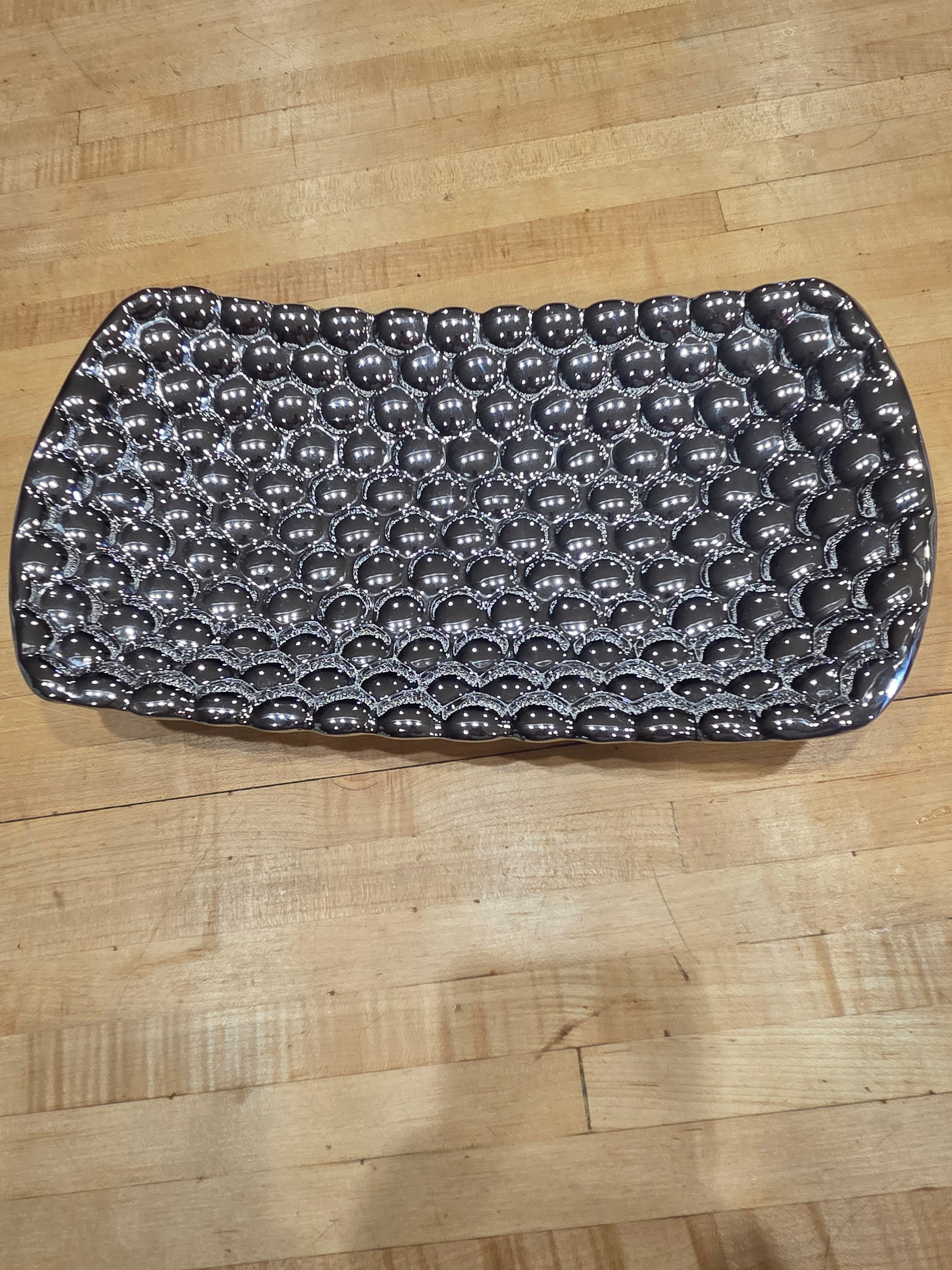 Modern Metallic Hematite Bubble Textured Ceramic Oblong Platter 14 Inch